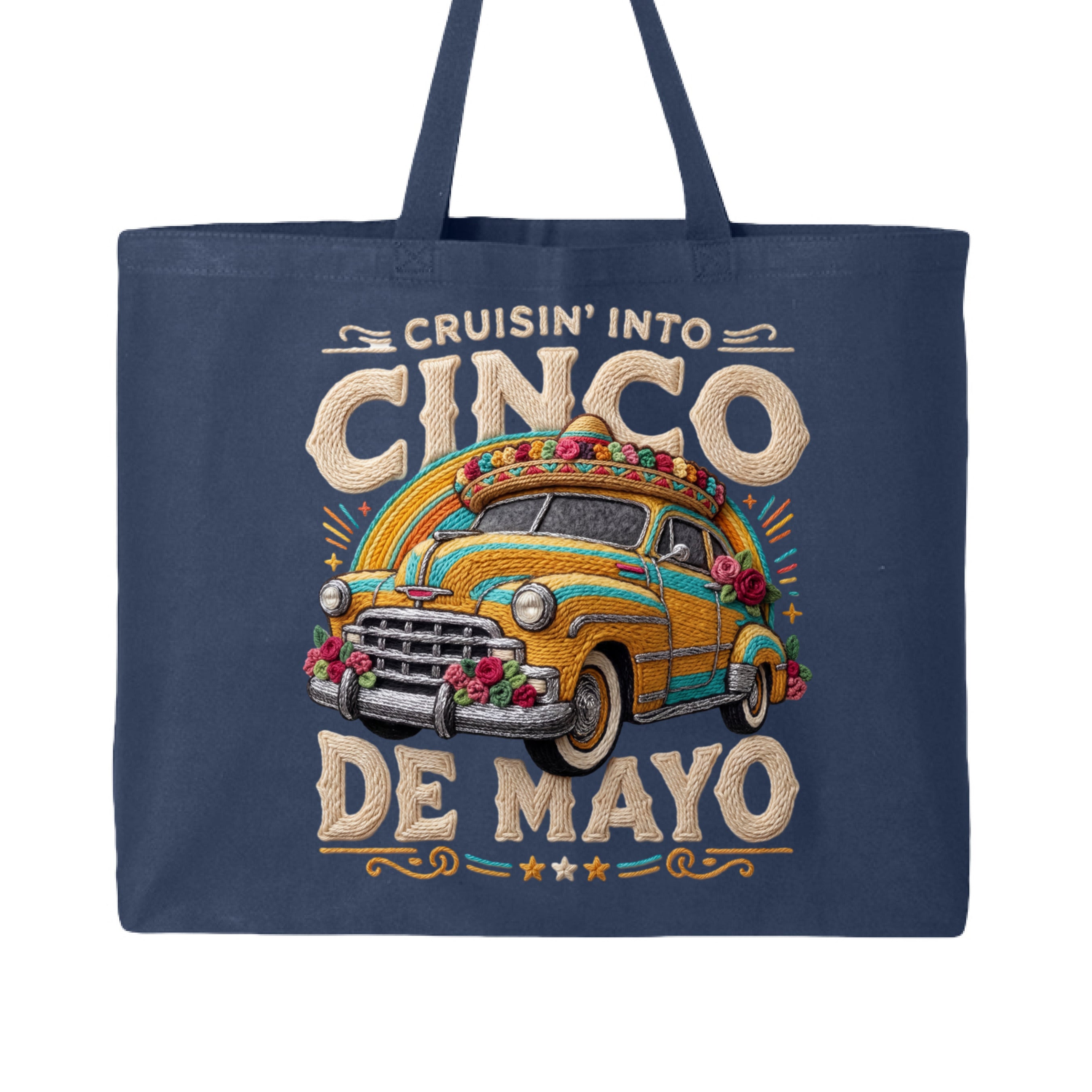 Navy tote bag with a vintage car graphic and 'Cruisin' into Cinco de Mayo' text on a white background
