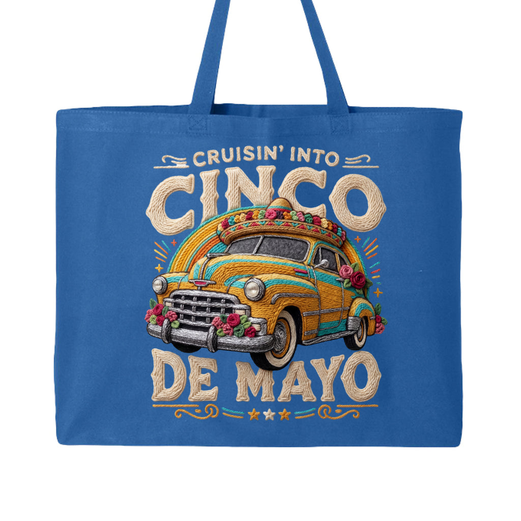 Blue tote bag with a vintage car graphic and 'Cinco de Mayo' text on a white background