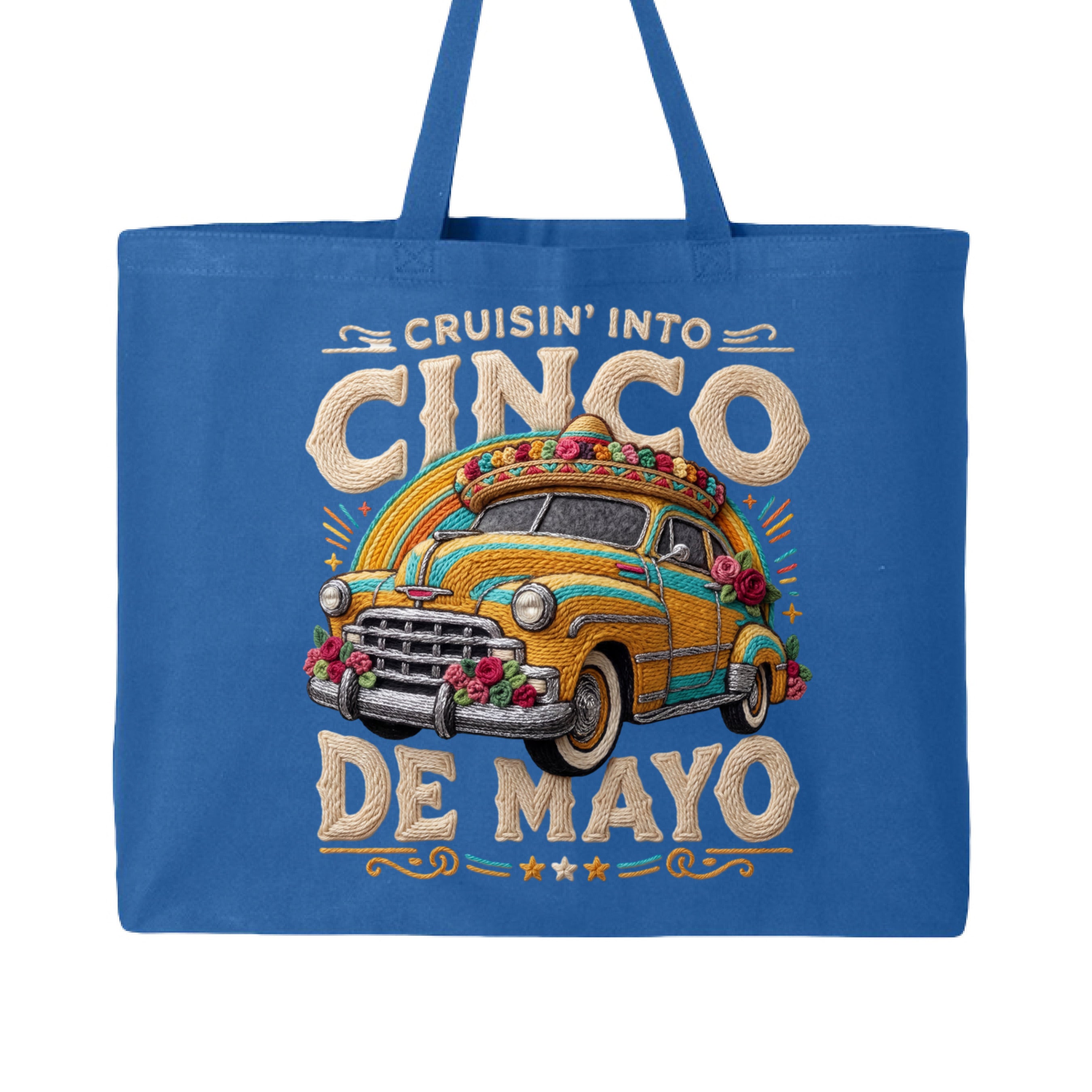 Blue tote bag with a vintage car graphic and 'Cinco de Mayo' text on a white background