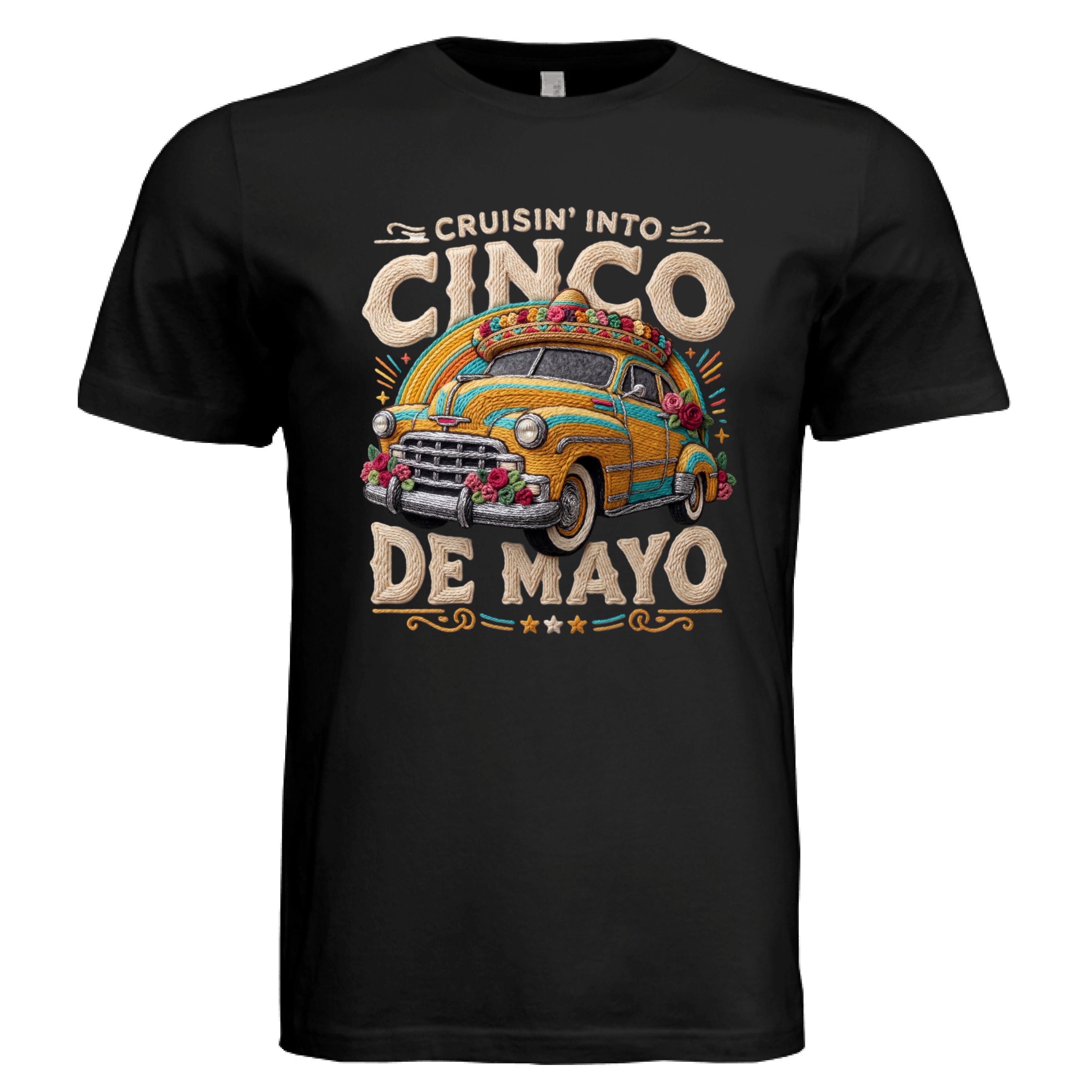Vintage Black t-shirt with a vintage car graphic and 'Cruisin' into Cinco de Mayo' text on a white background