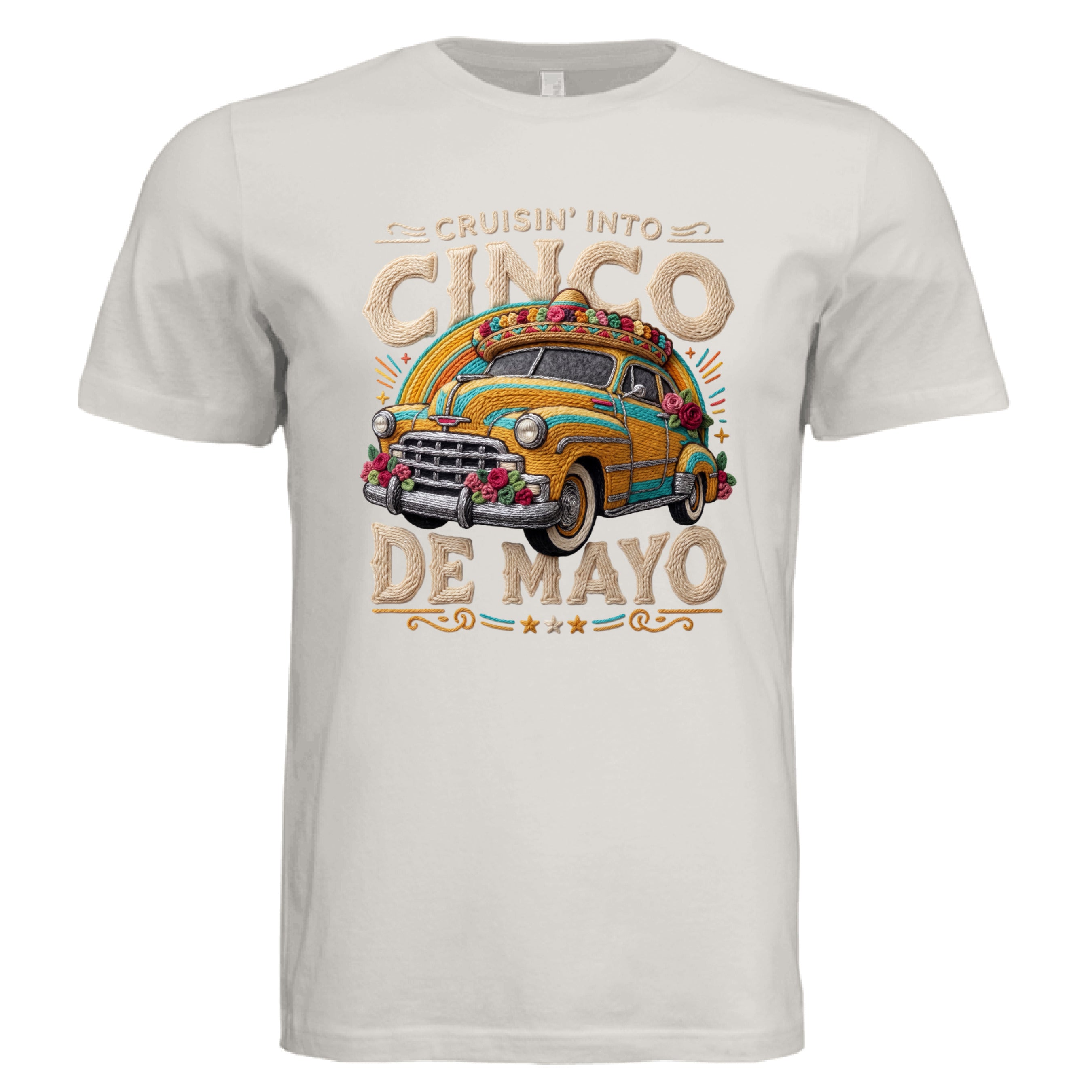 White t-shirt with a vintage car graphic and 'Cruisin' into Cinco de Mayo' text on a white background