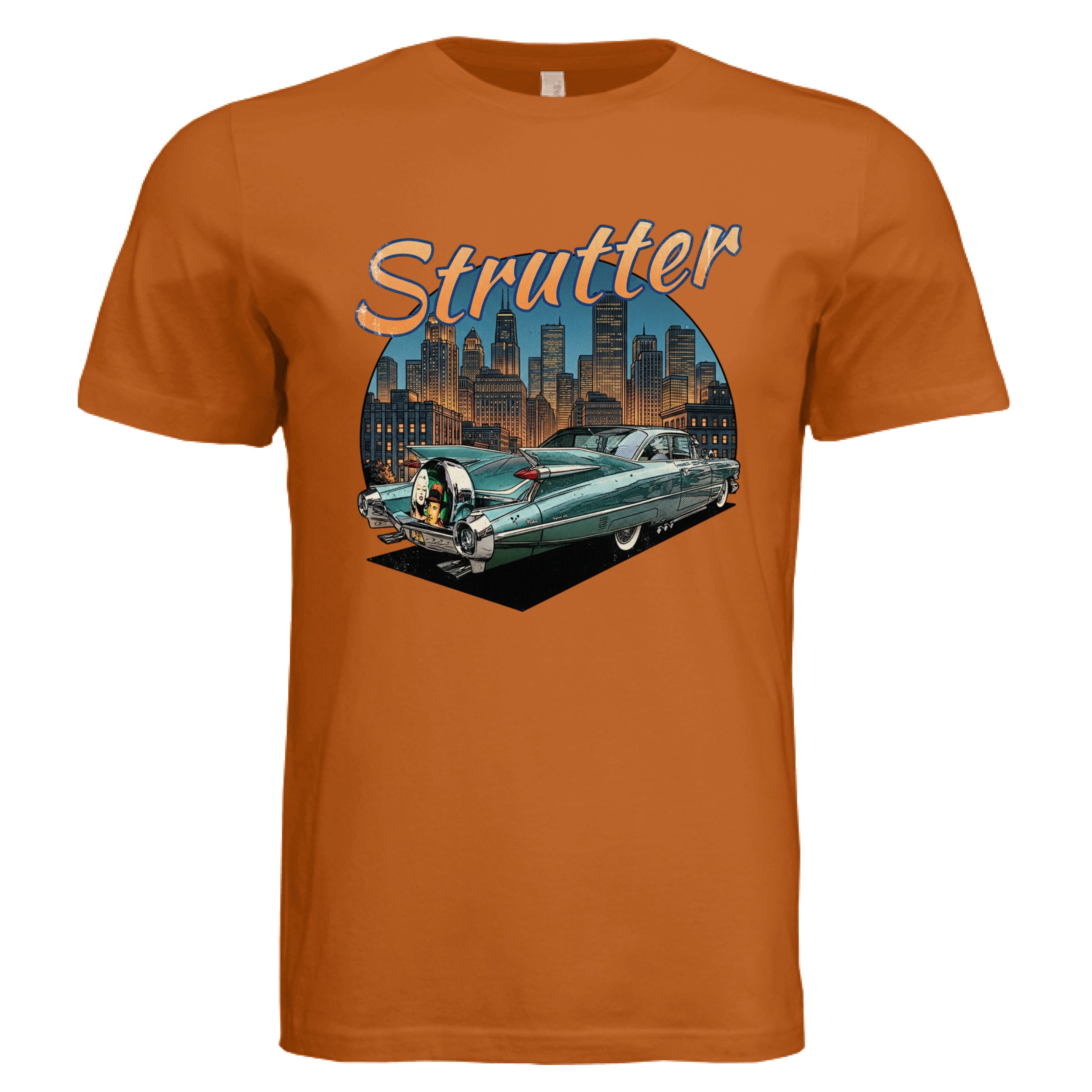 Orange t-shirt with a graphic of a classic car and cityscape, featuring the word 'Strutter'.