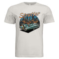 White t-shirt with a graphic of a vintage car and cityscape, featuring the word 'Strutter'.