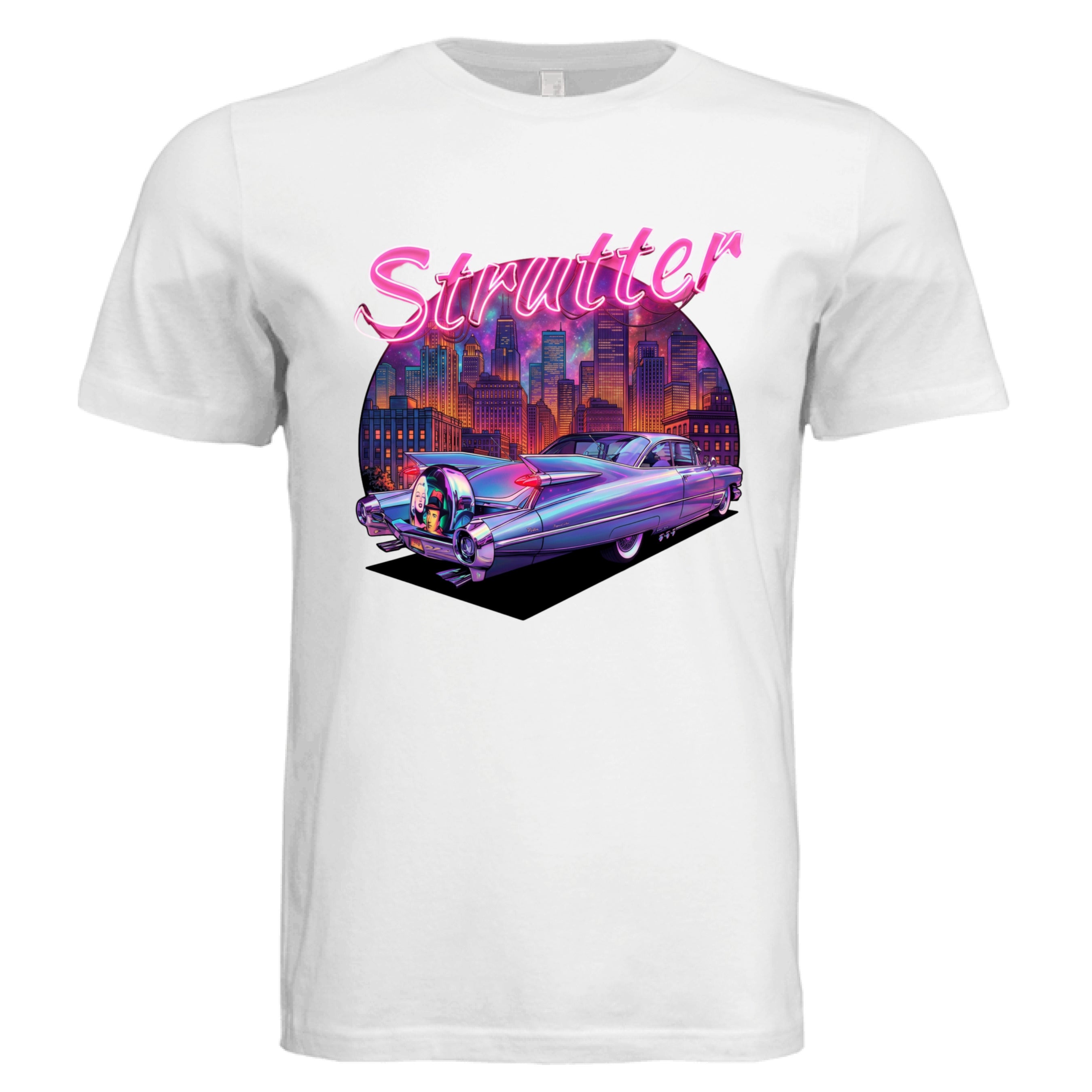 White t-shirt with a retro car graphic and 'Strutter' text on a white background