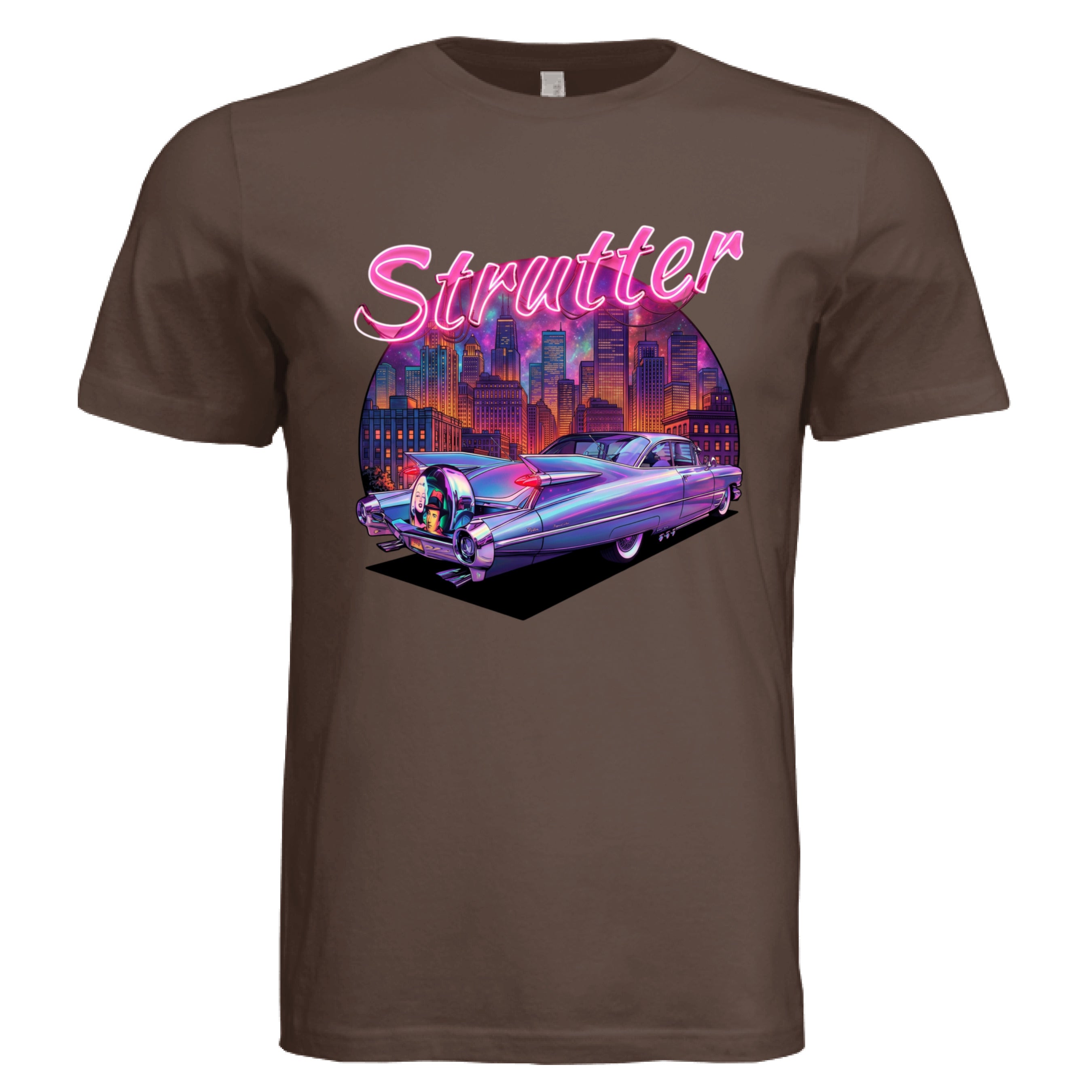 Brown t-shirt with a graphic of a purple car and cityscape, featuring the word 'Strutter' in pink.