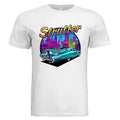 White t-shirt with a colorful graphic of a car and cityscape, featuring the word 'Strutter'.