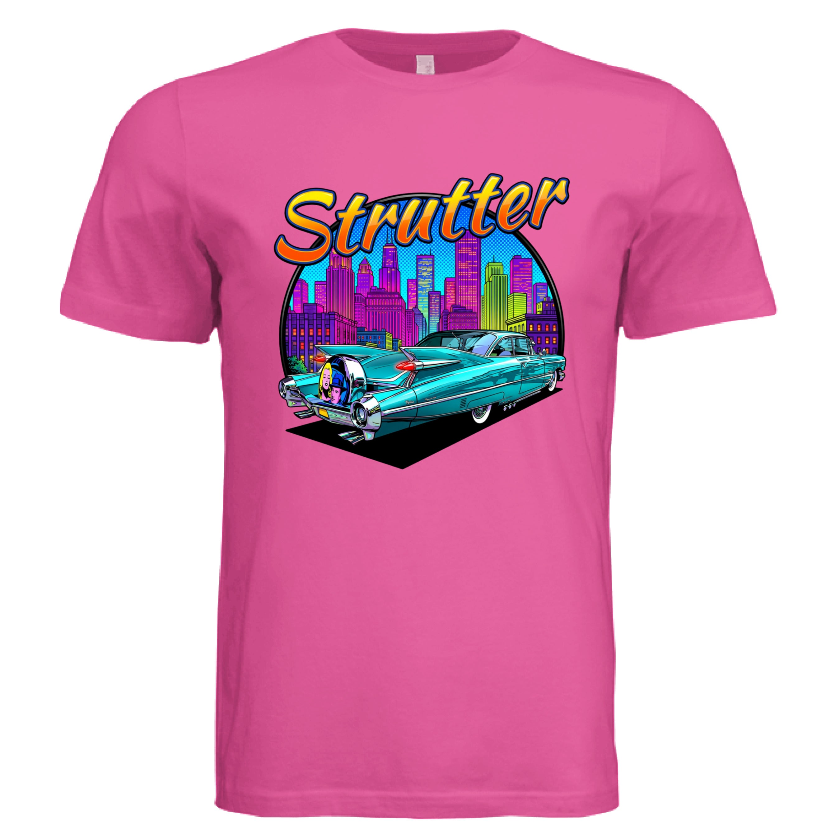 Pink t-shirt with a colorful graphic of a car and cityscape, featuring the word 'Strutter'.