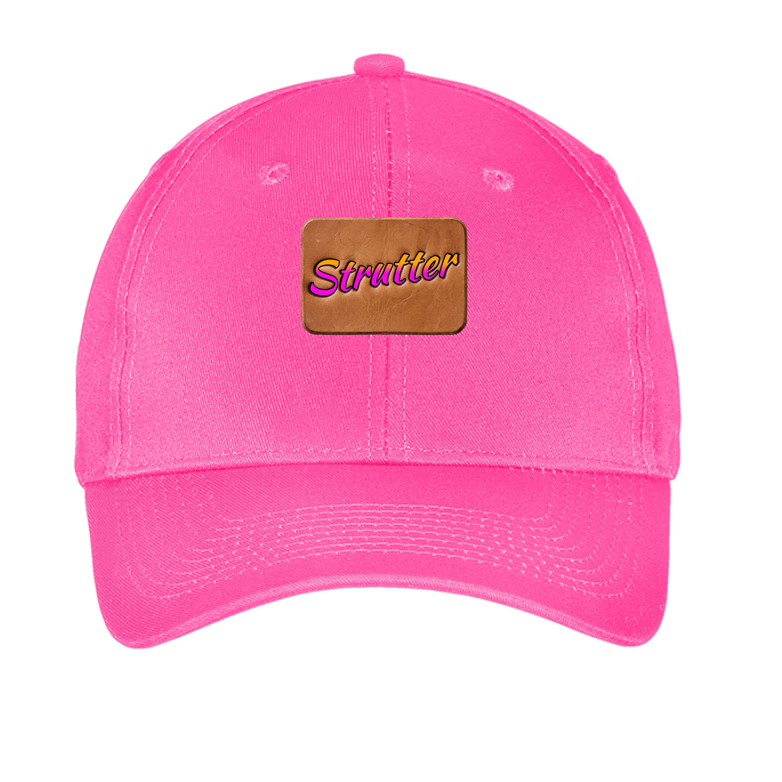 Pink cap with a brown patch featuring the word 'Strutter' on a white background