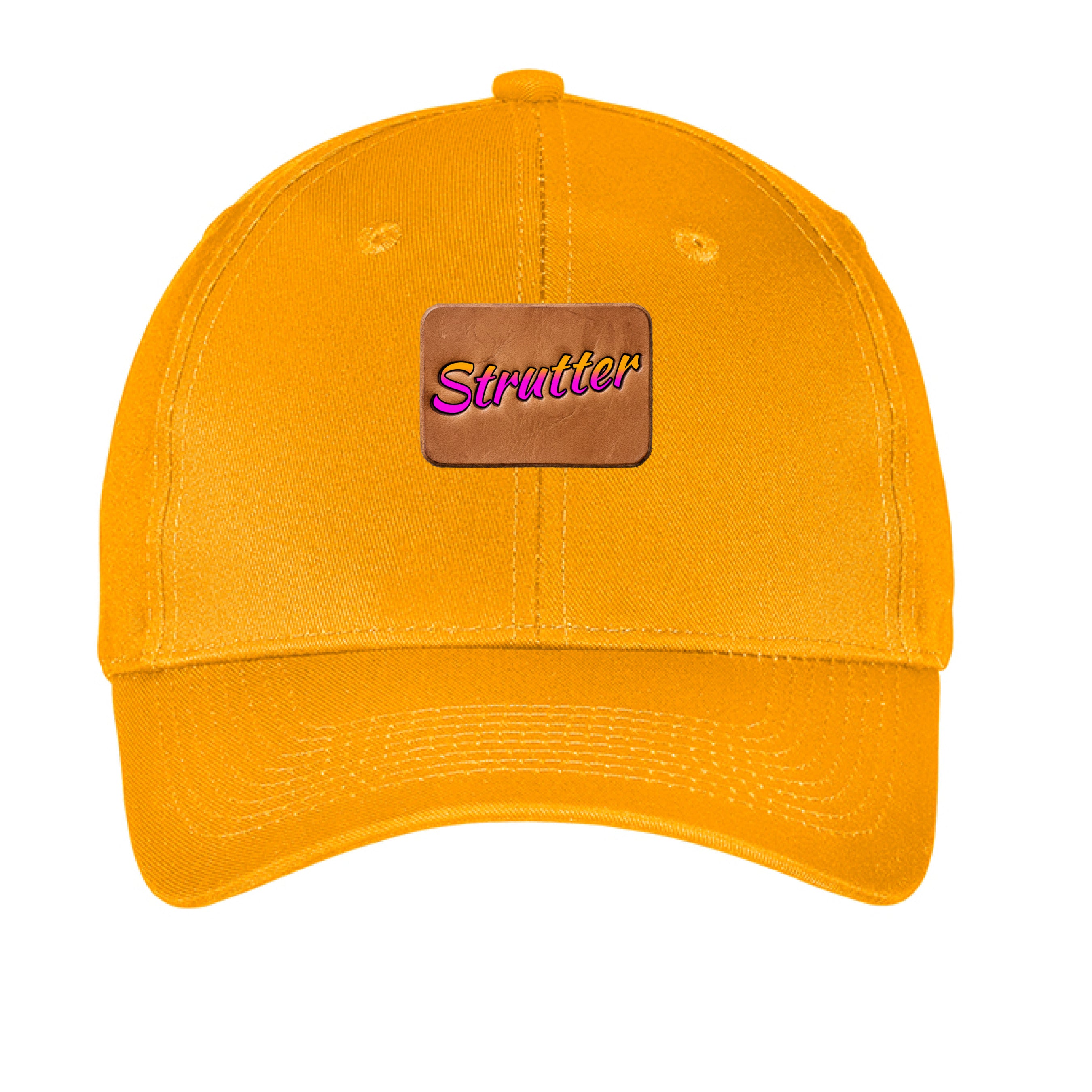 Yellow cap with a brown patch featuring the word 'Strutter' on a white background