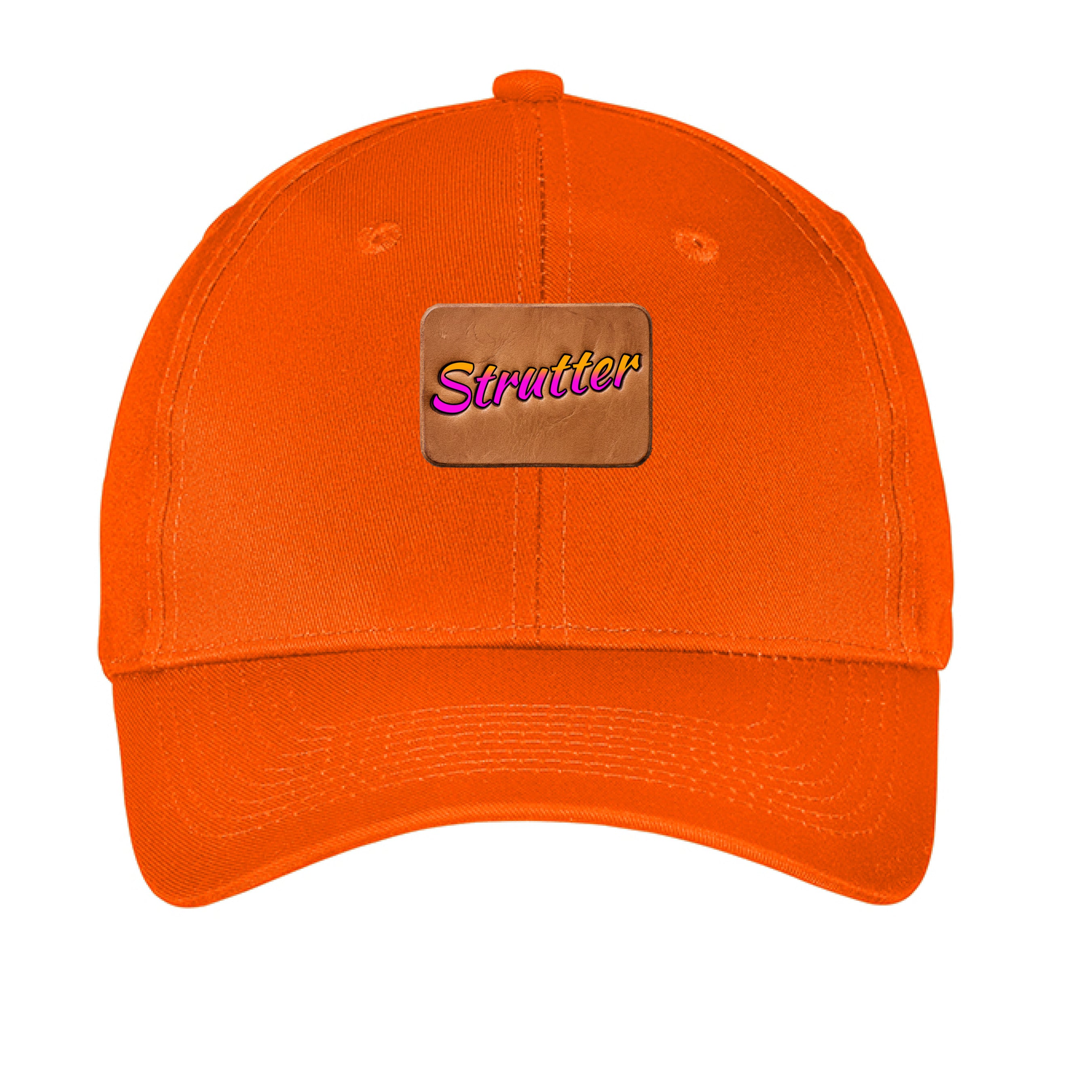 Orange cap with a brown patch featuring the word 'Strutter' on a white background