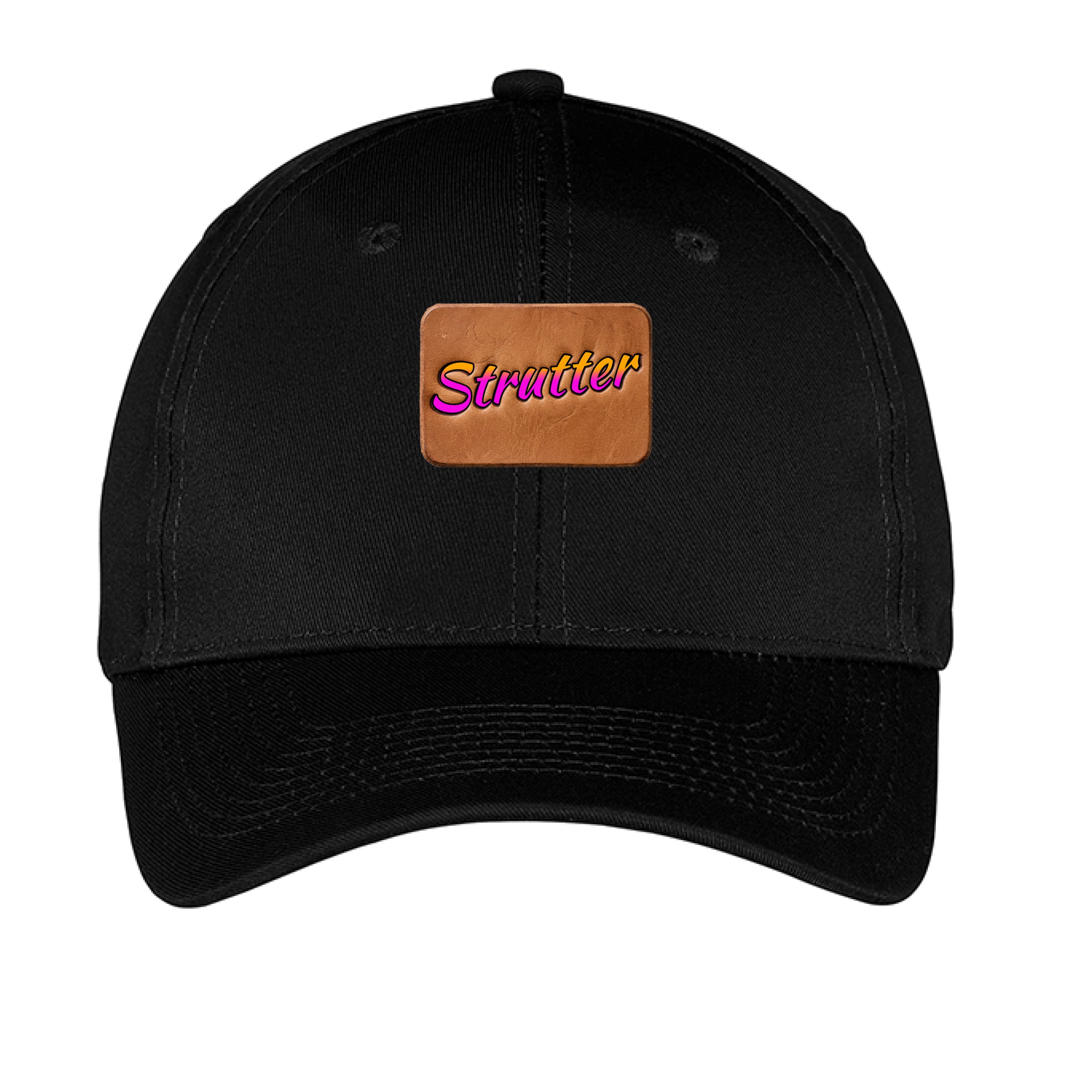 Black cap with a brown leather patch featuring the word 'Strutter' on a white background
