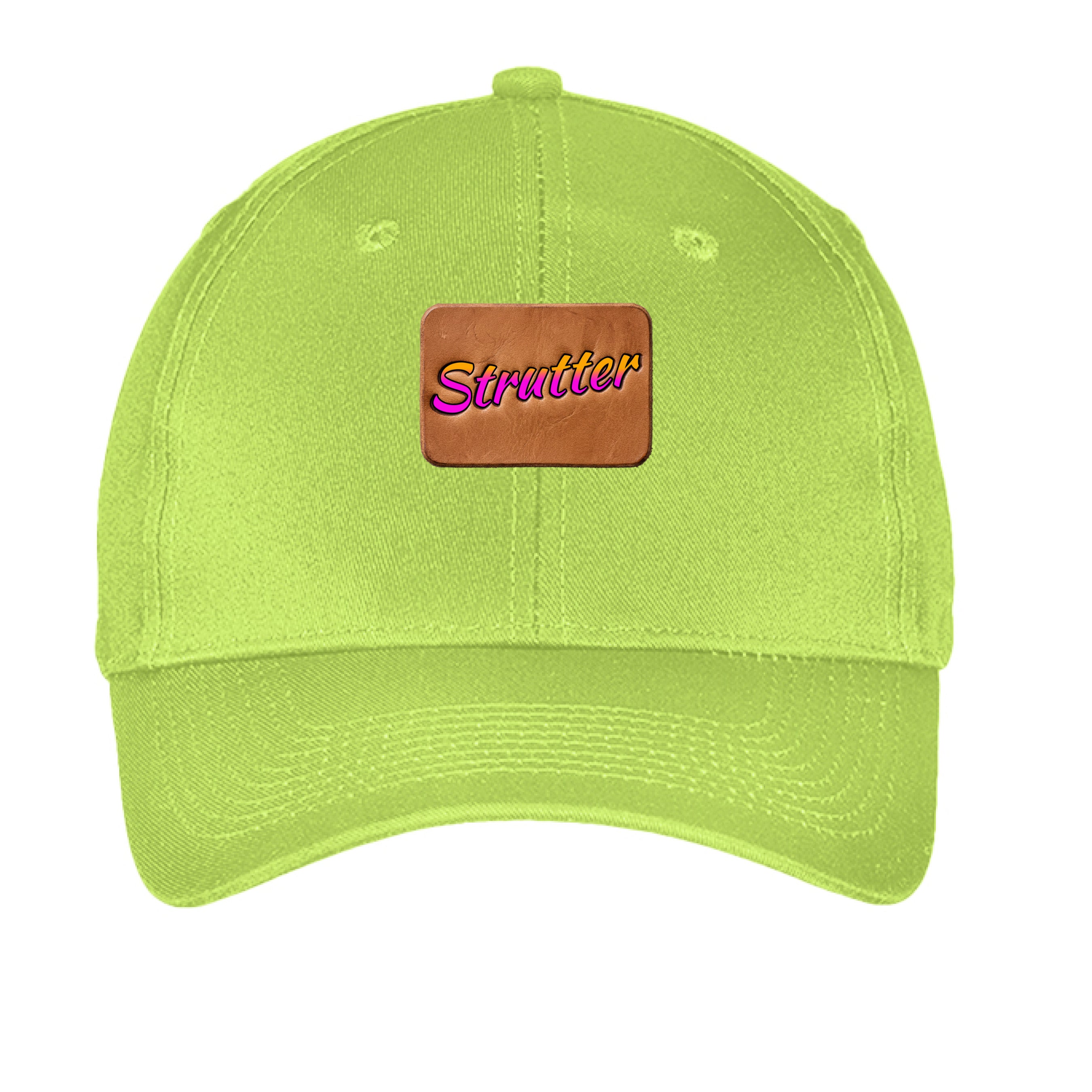 Lime green cap with a brown patch featuring the word 'Strutter' on a white background
