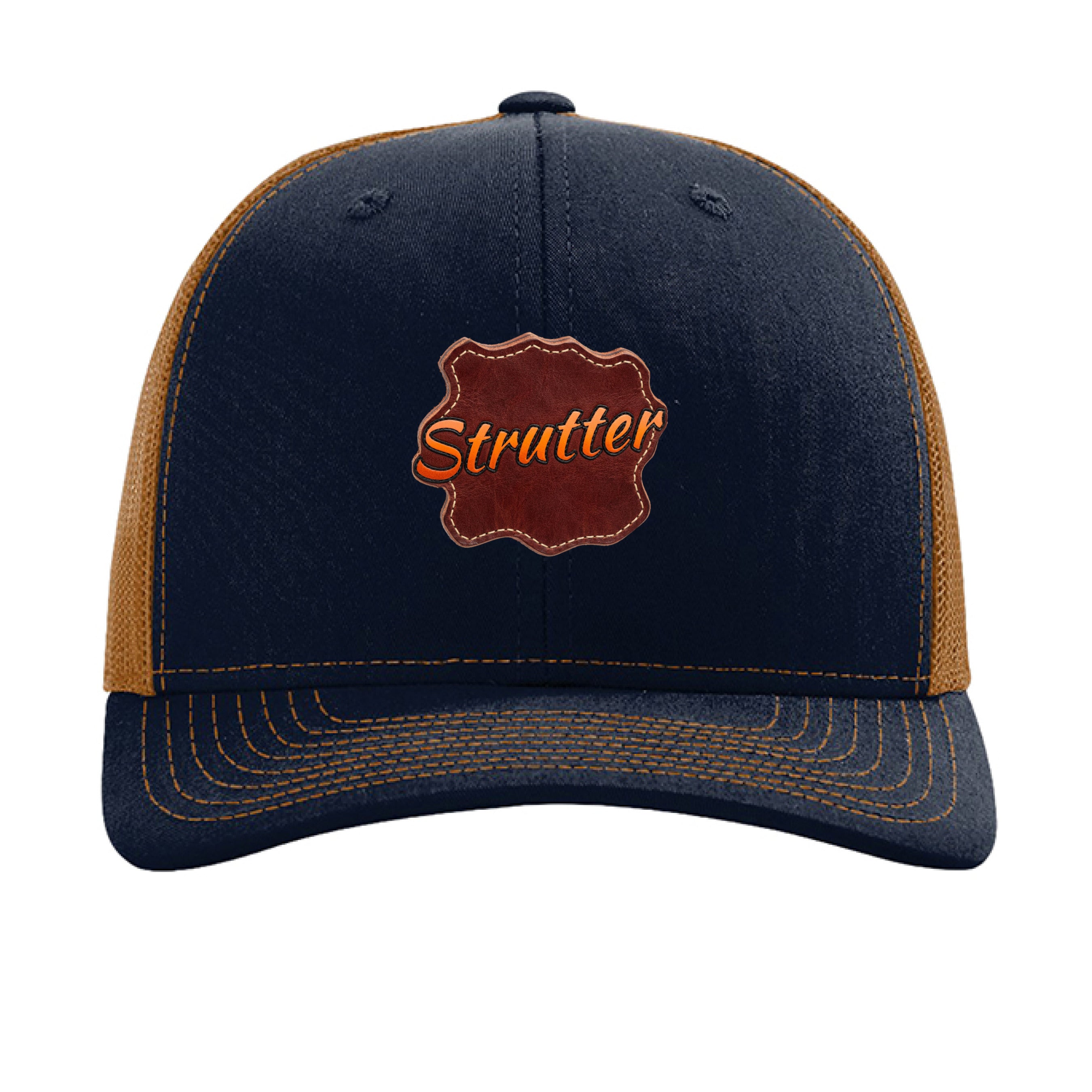Navy and brown cap with 'Strutter' logo on a white background
