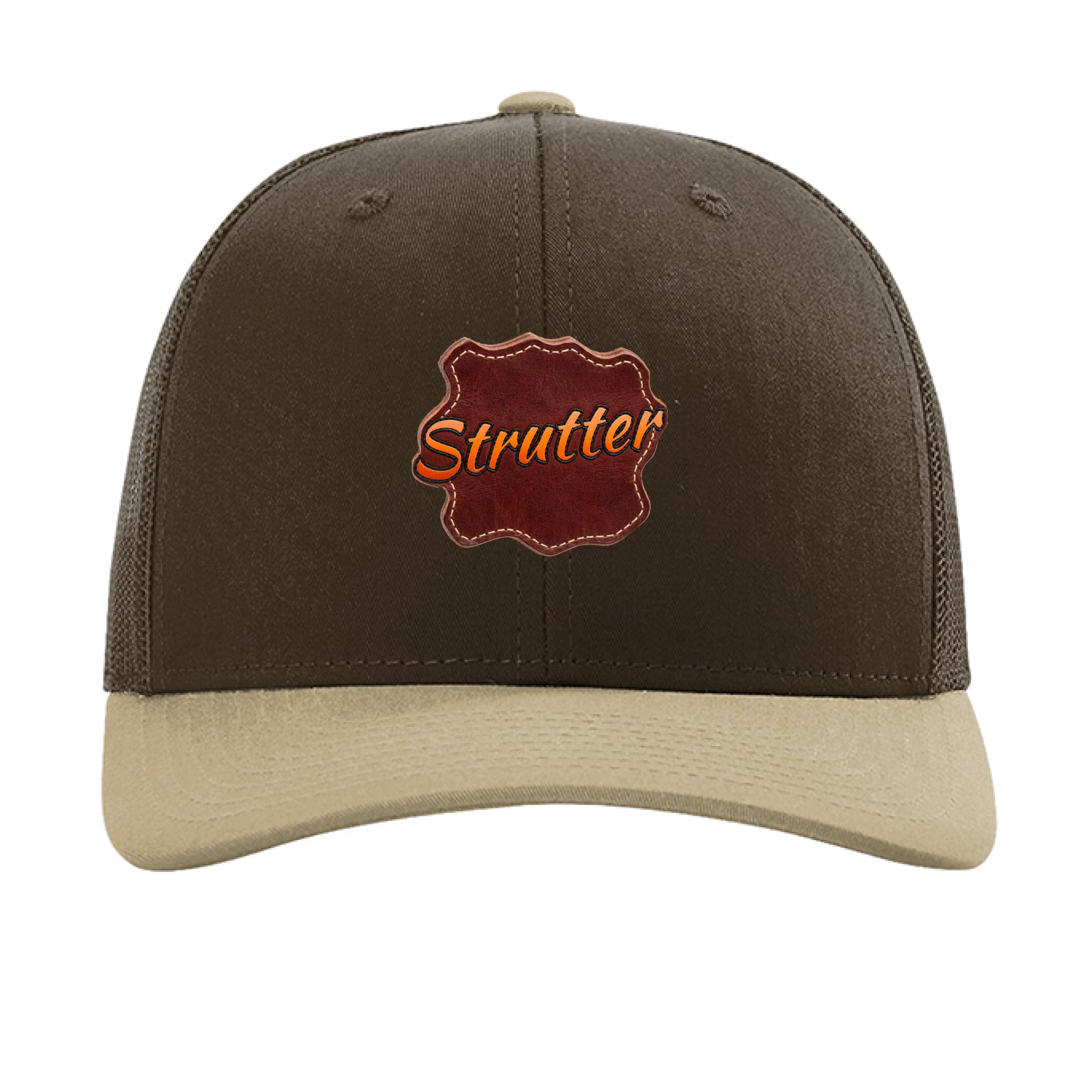 Brown and beige cap with 'Strutter' logo on a white background