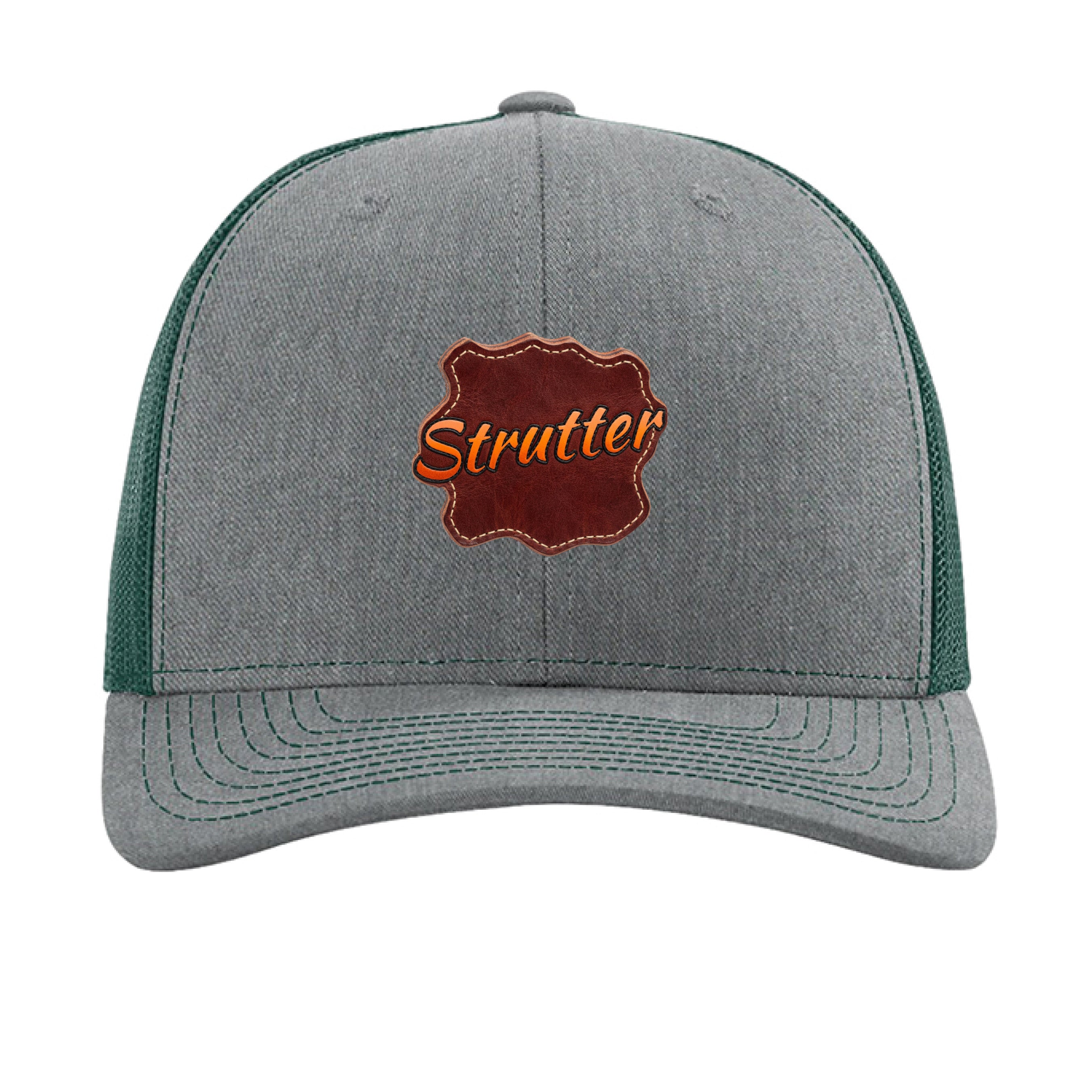 Gray and green cap with 'Strutter' logo on a white background