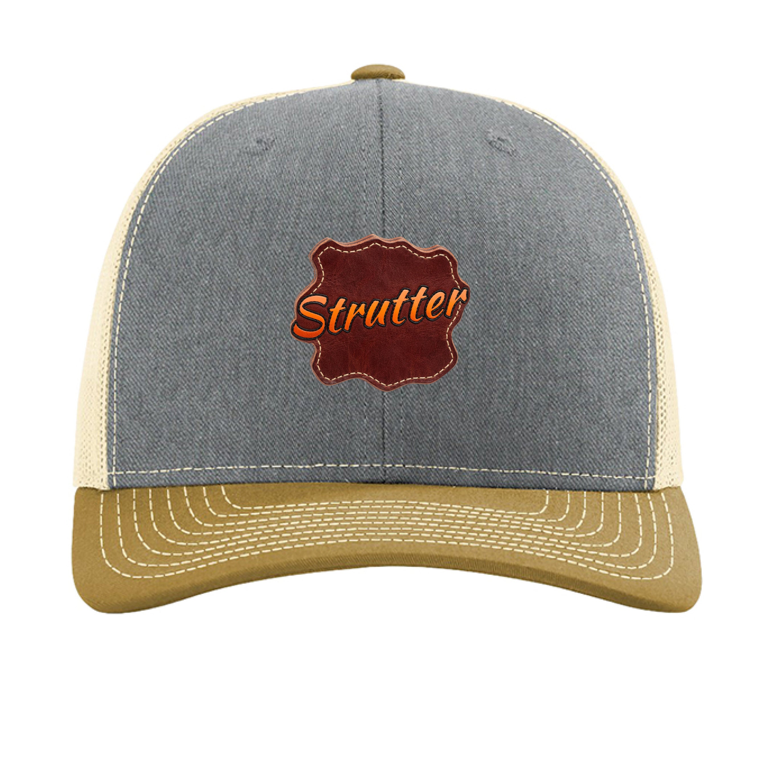 Gray and beige cap with 'Strutter' logo on a white background
