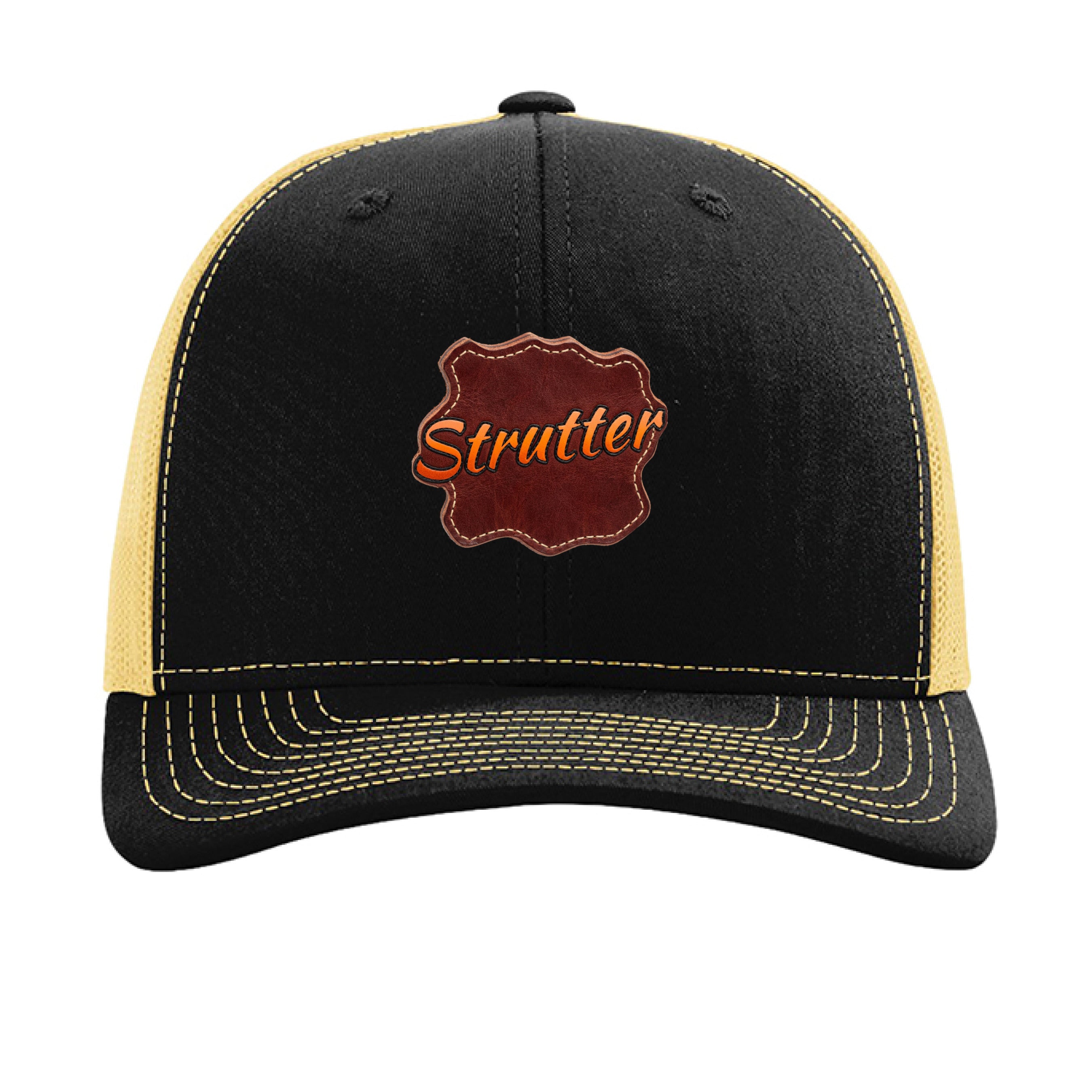 Black and yellow cap with 'Strutter' logo on a white background