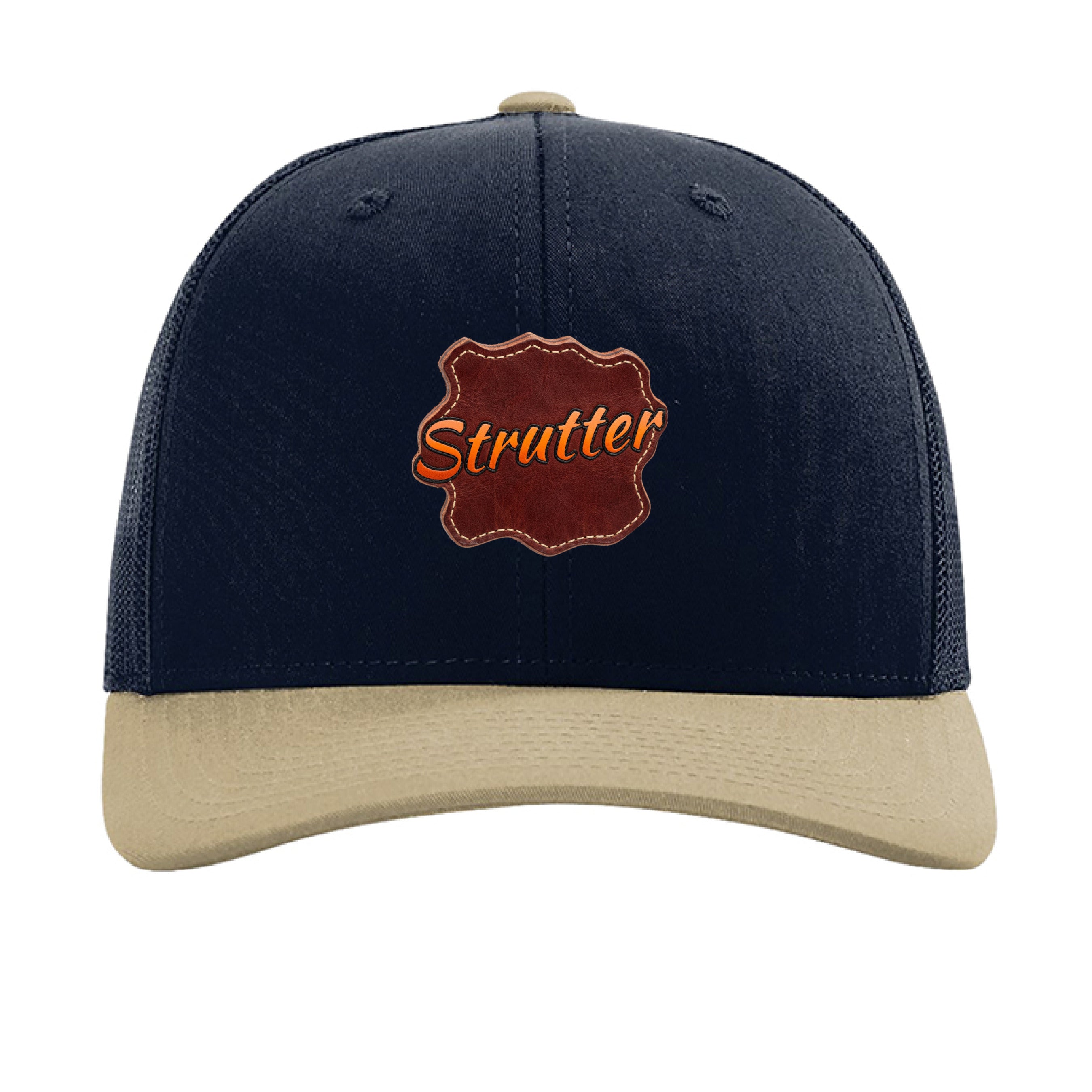 Navy and beige cap with 'Strutter' logo on a white background
