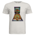 White t-shirt with a pinball machine graphic on a white background