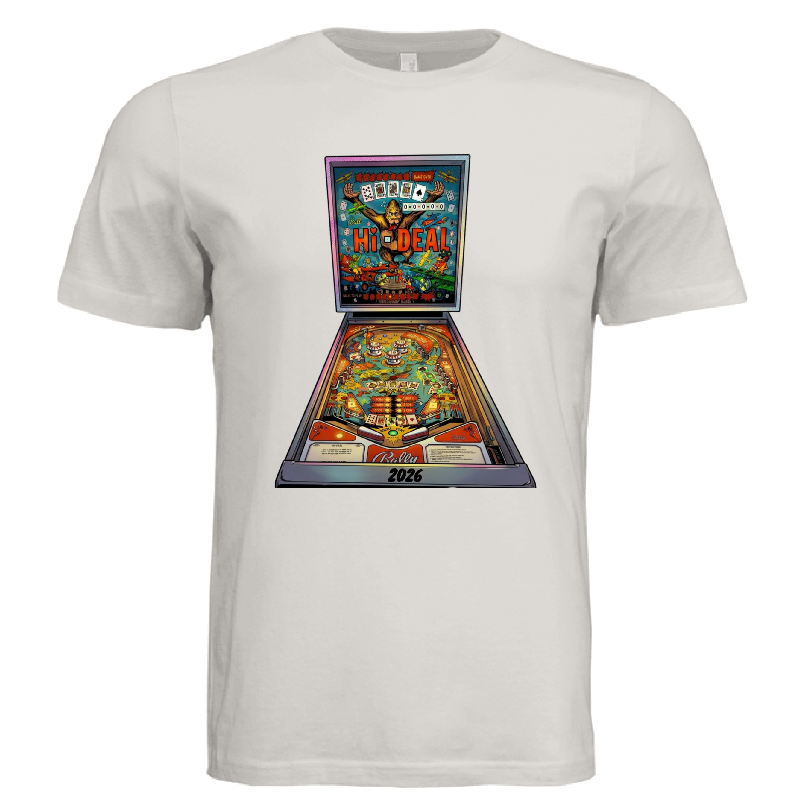 White t-shirt with a pinball machine graphic on a white background