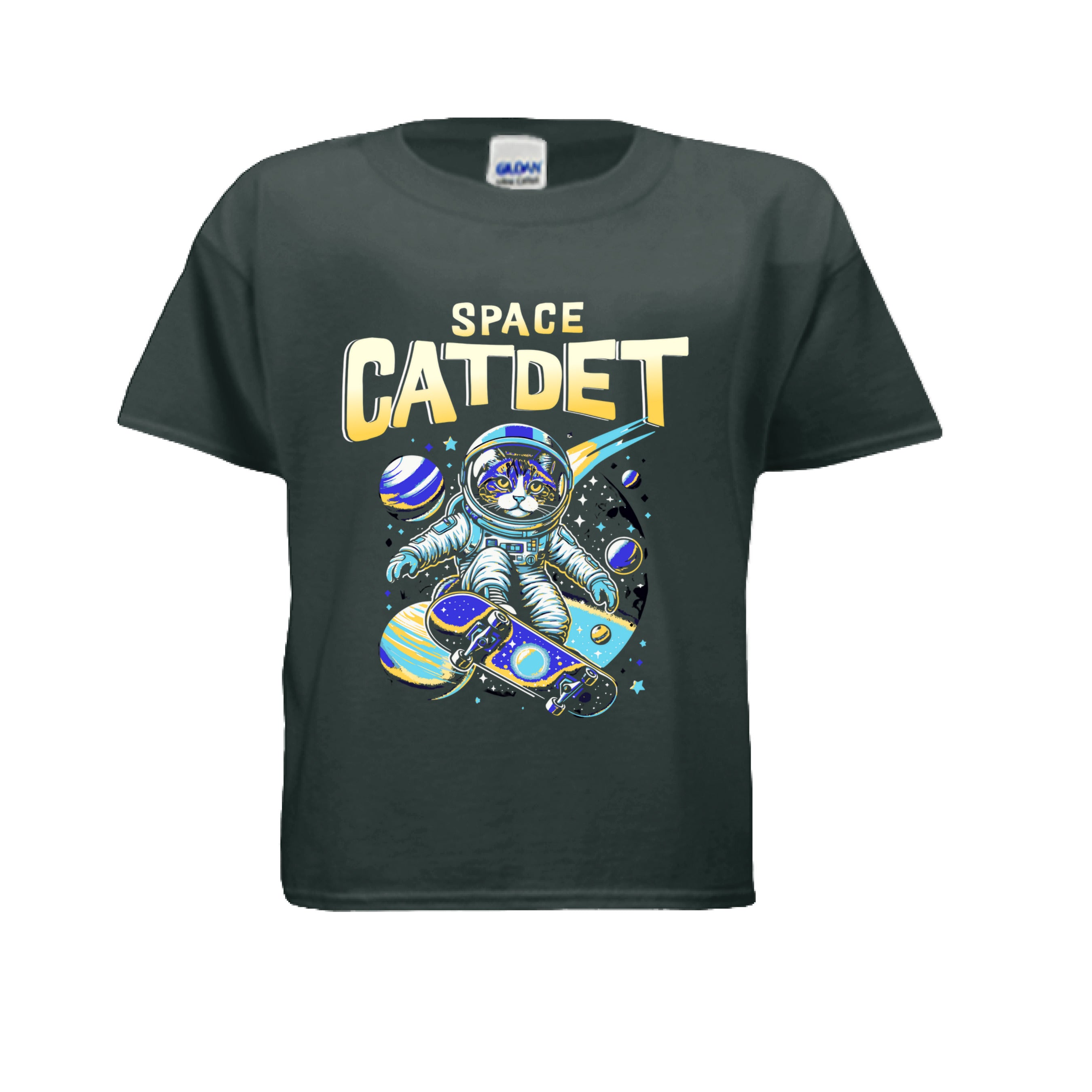 Forest Green t-shirt with an astronaut graphic and 'Space Catdet' text on a white background