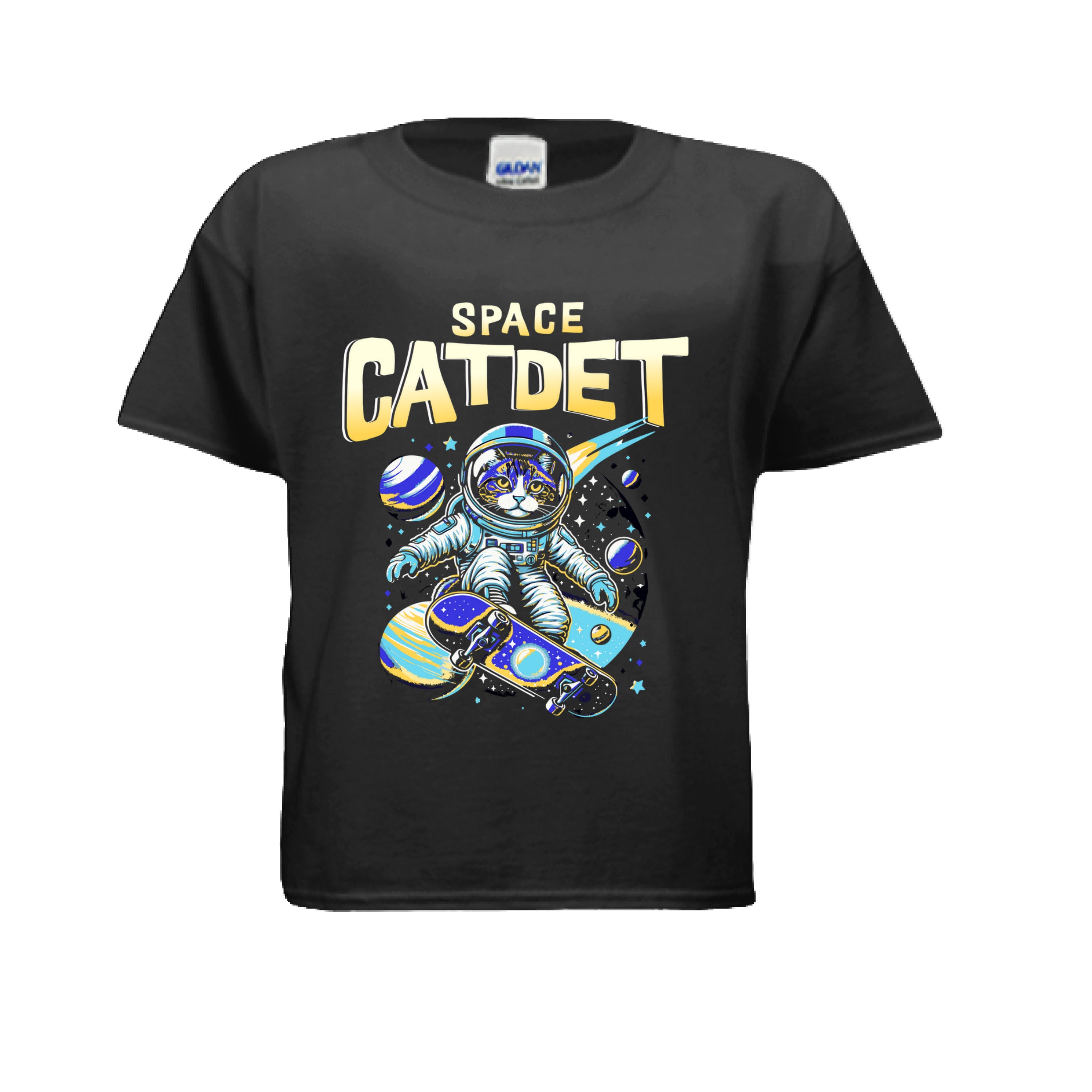 Black t-shirt with an astronaut graphic and 'Space Catdet' text on a white background