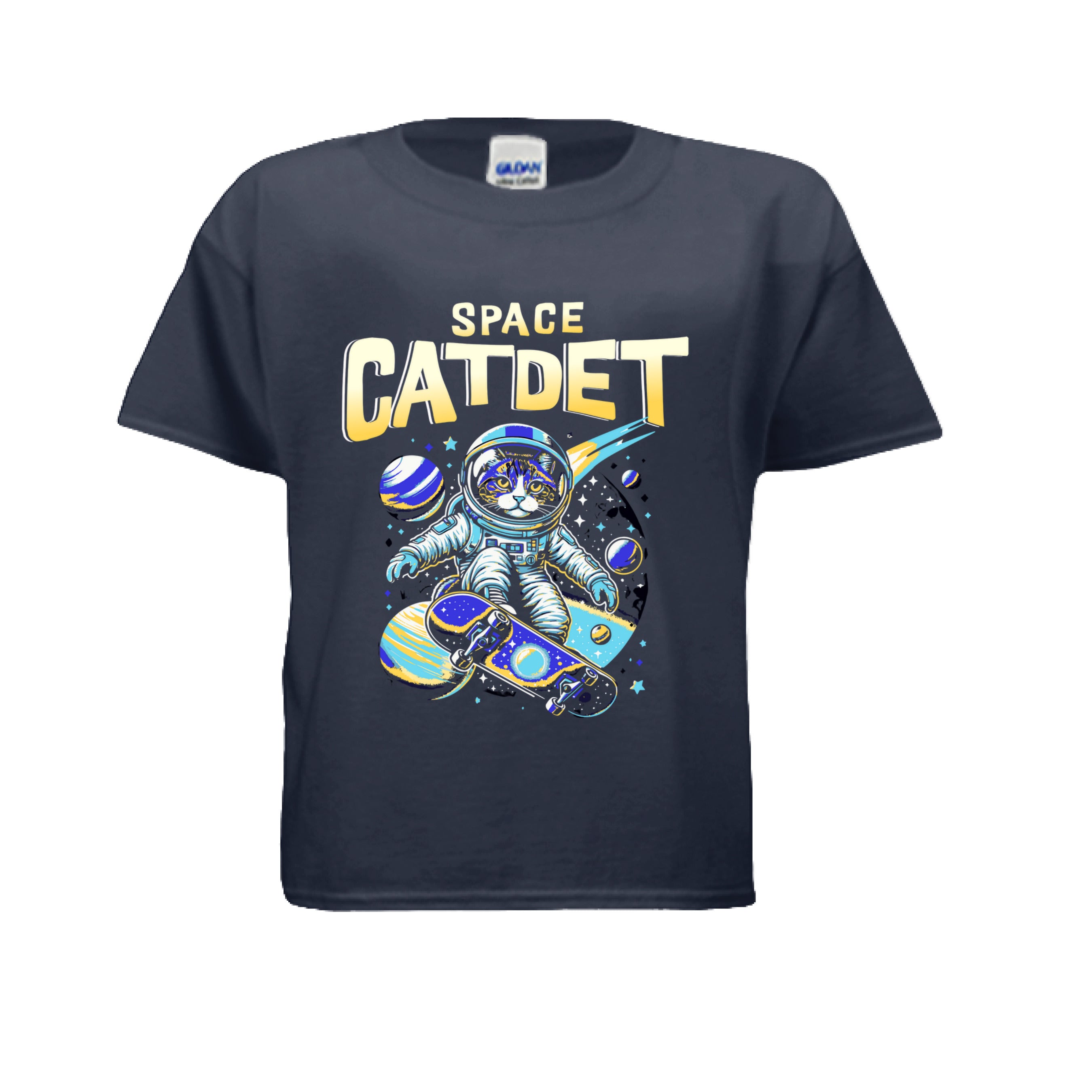 Navy Blue t-shirt with an astronaut graphic and 'Space Catdet' text on a white background