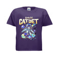 Purple t-shirt with an astronaut graphic and 'Space Catdet' text on a white background