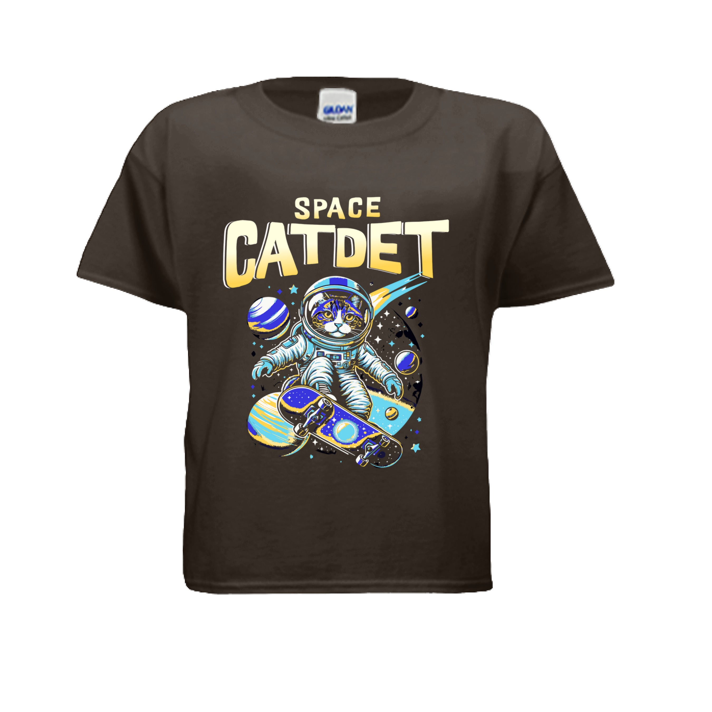 Brown t-shirt with an astronaut graphic and 'Space Catdet' text on a white background