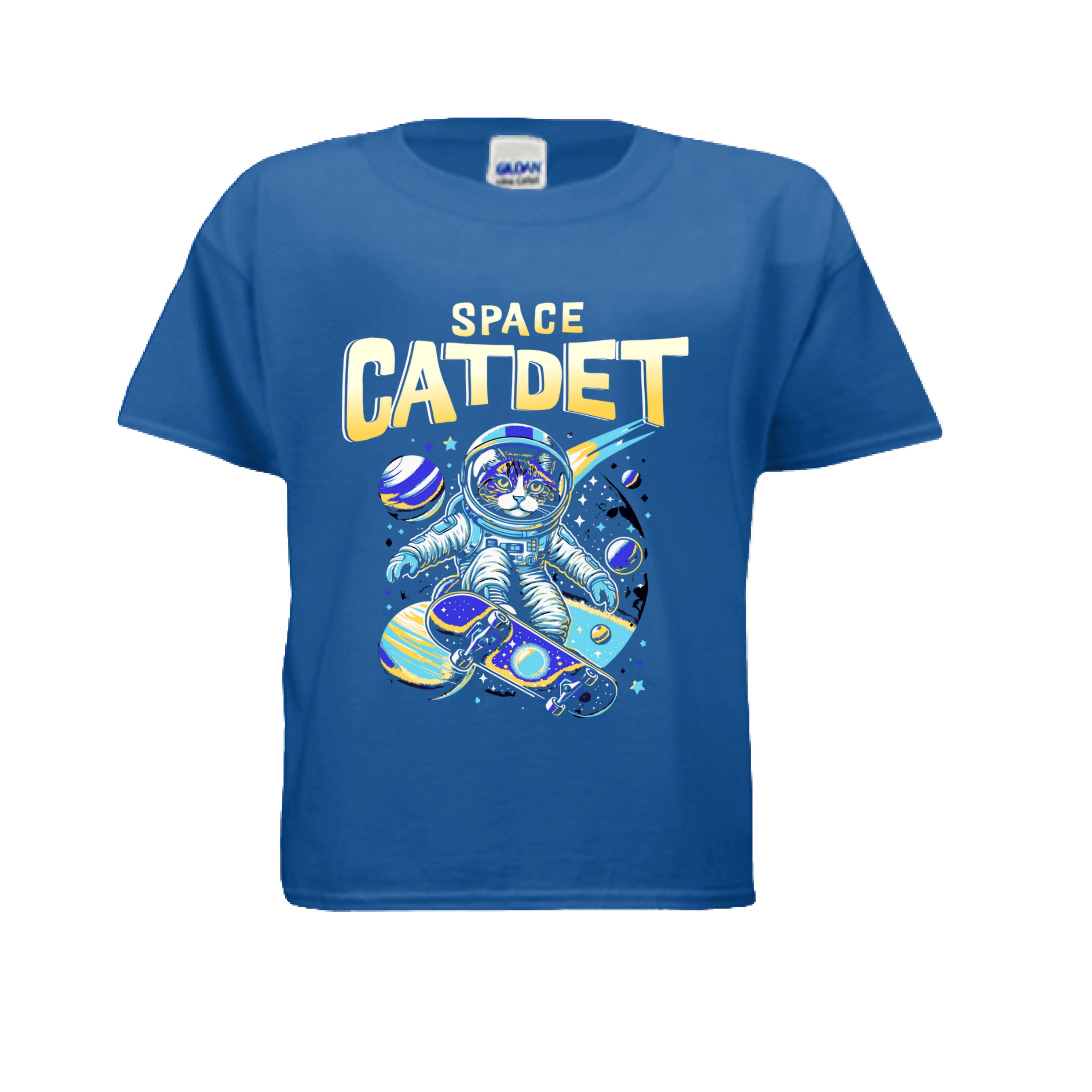 Blue t-shirt with an astronaut graphic and 'Space Catdet' text on a white background