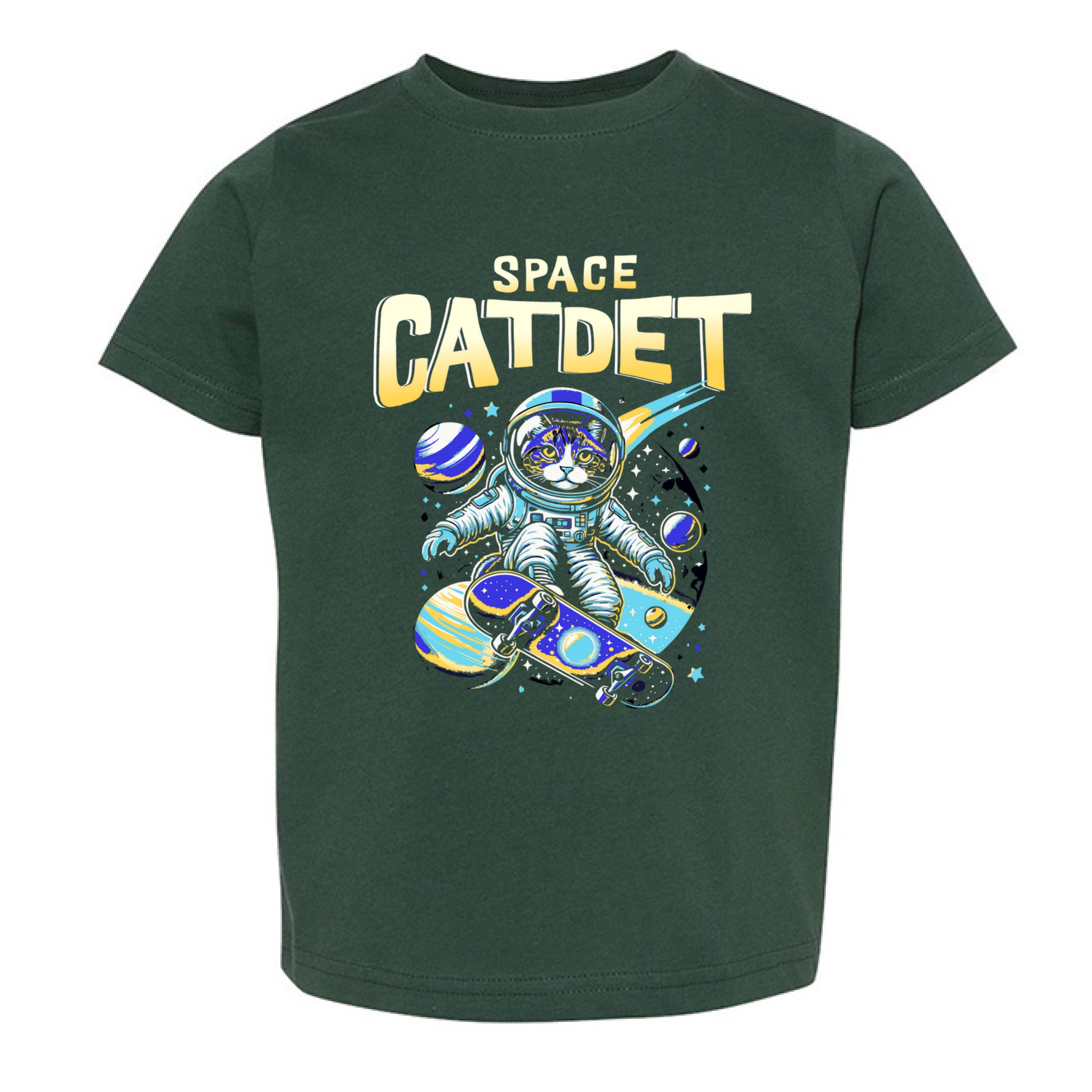 Green t-shirt with 'Space Catdet' design featuring a cat in an astronaut suit on a white background