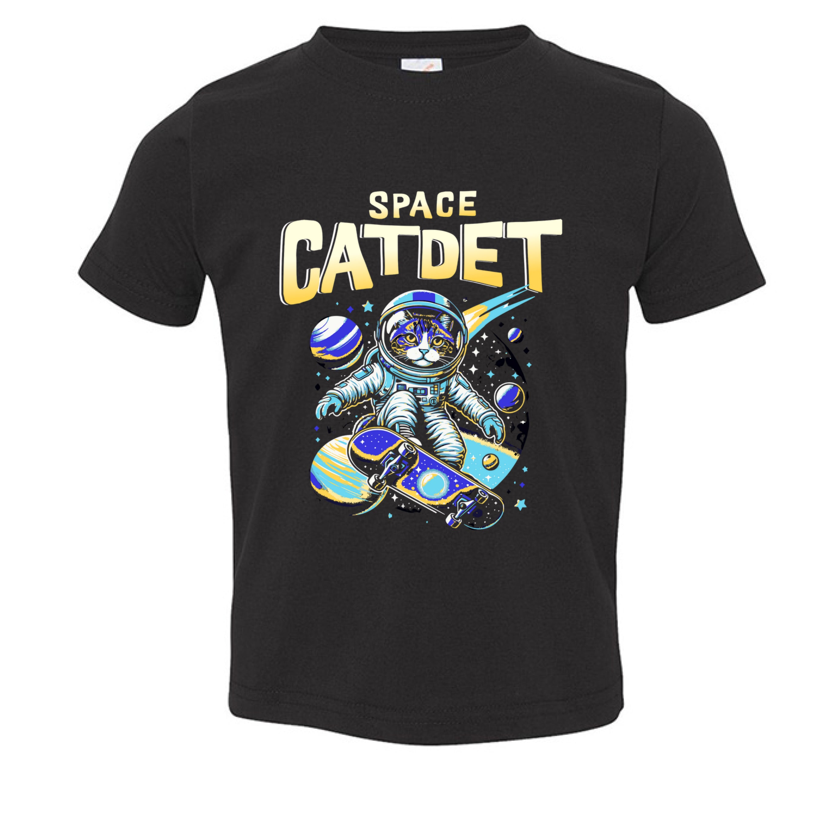Black t-shirt with 'Space Catdet' graphic design featuring a cat in an astronaut suit.