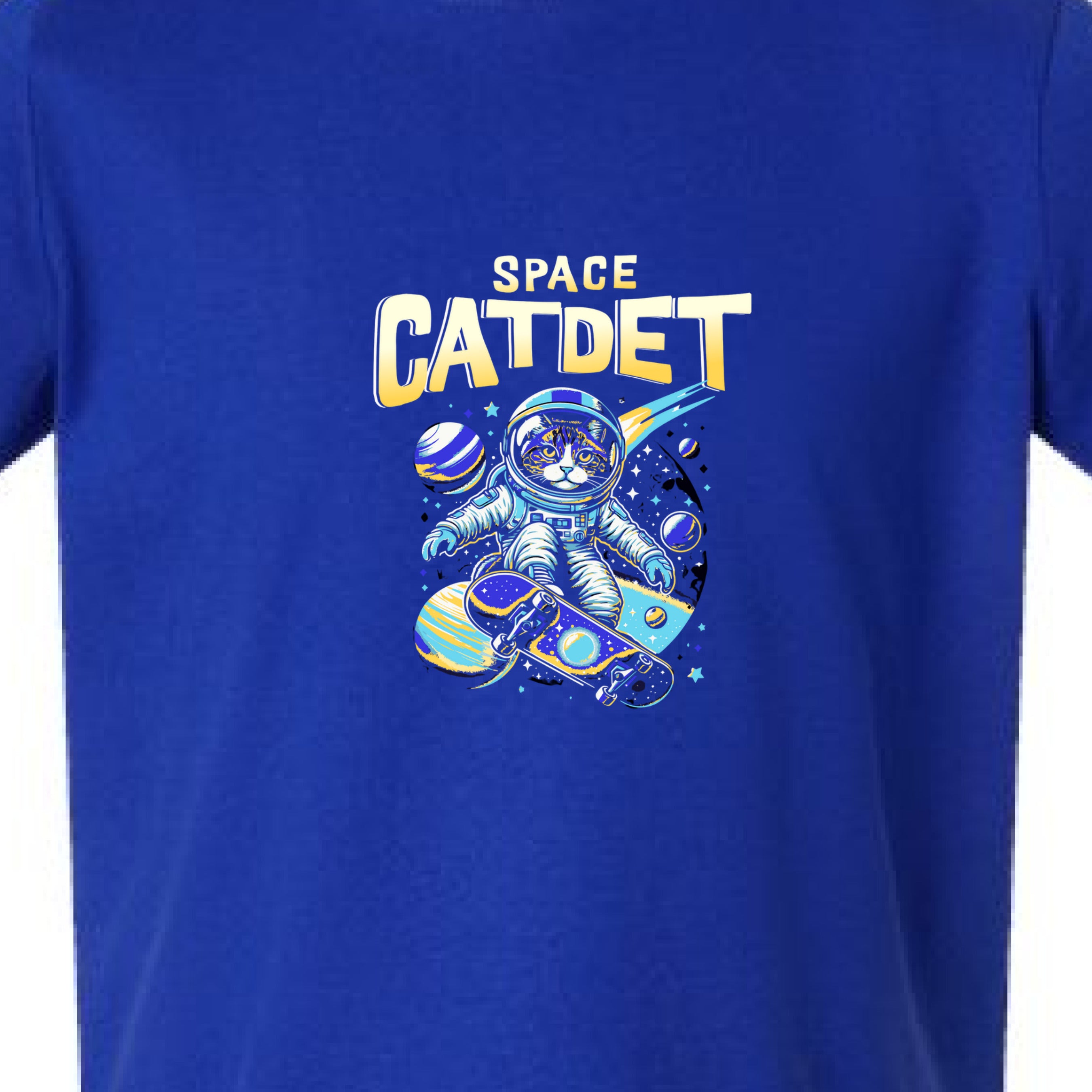 Blue t-shirt with 'Space Catdet' graphic design featuring an astronaut cat.