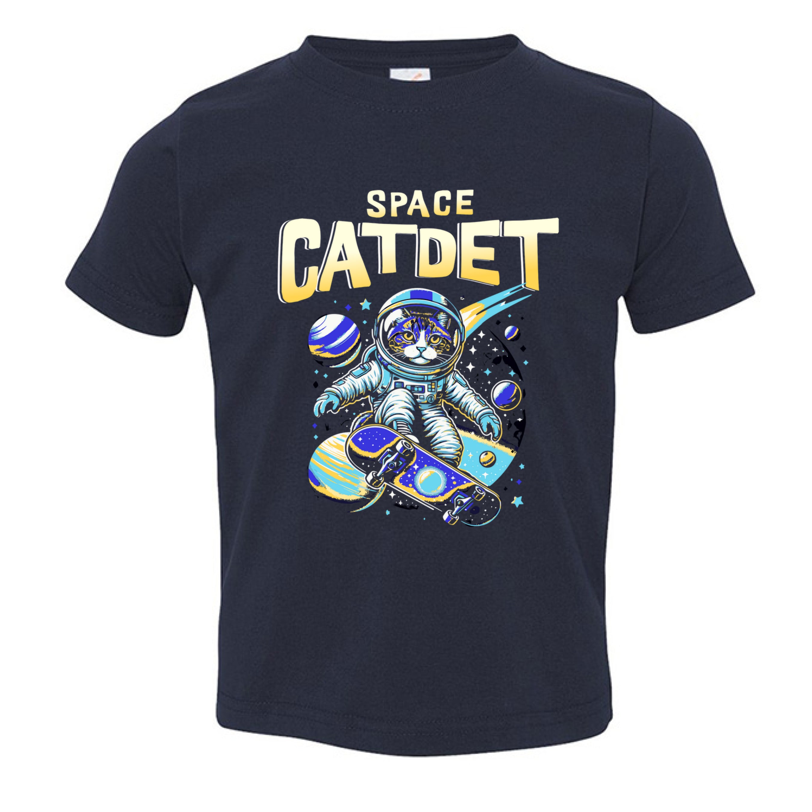 Navy blue t-shirt with 'Space Catdet' graphic design featuring a cat in an astronaut suit.