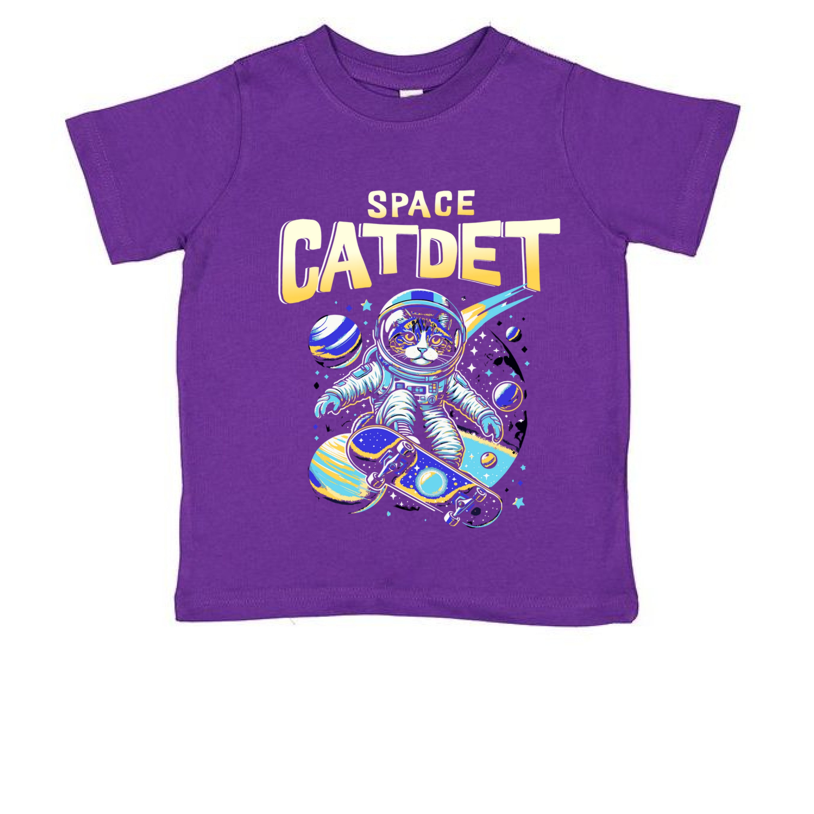Purple t-shirt with 'Space Catdet' design featuring a cat in an astronaut suit on a white background