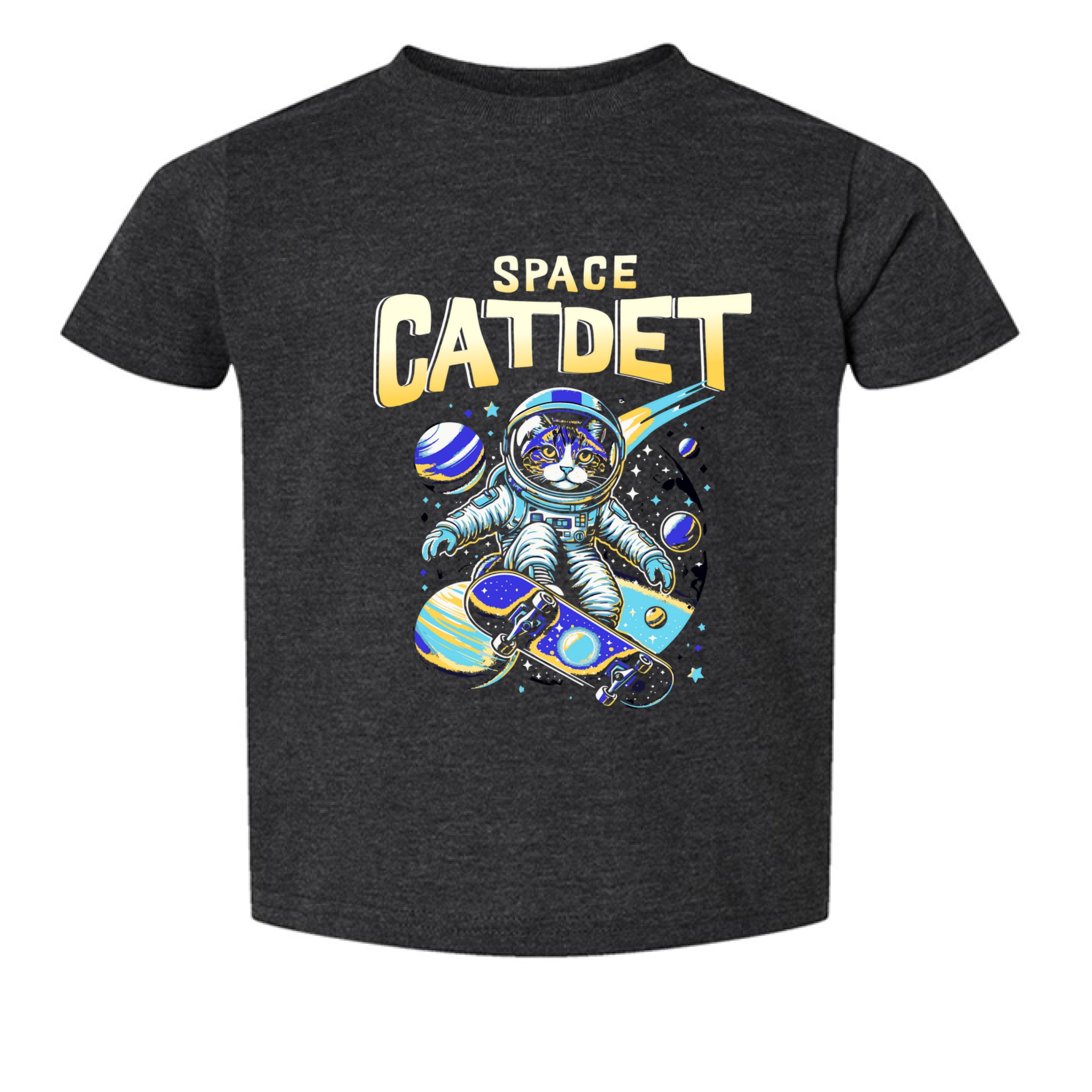 Black t-shirt with 'Space Catdet' design featuring a cat in an astronaut suit on a white background
