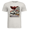 White t-shirt with a graphic of a car and eagle design on a white background