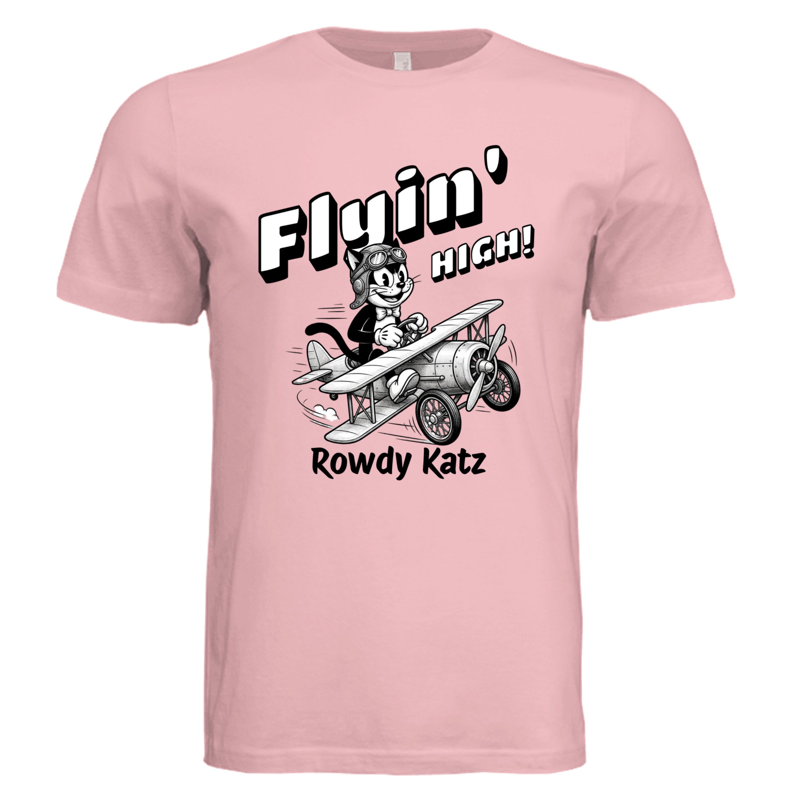 Rowdy Katz Flyin High funny cat pilot graphic tee in Soft Pink — Stu Borncat Creations