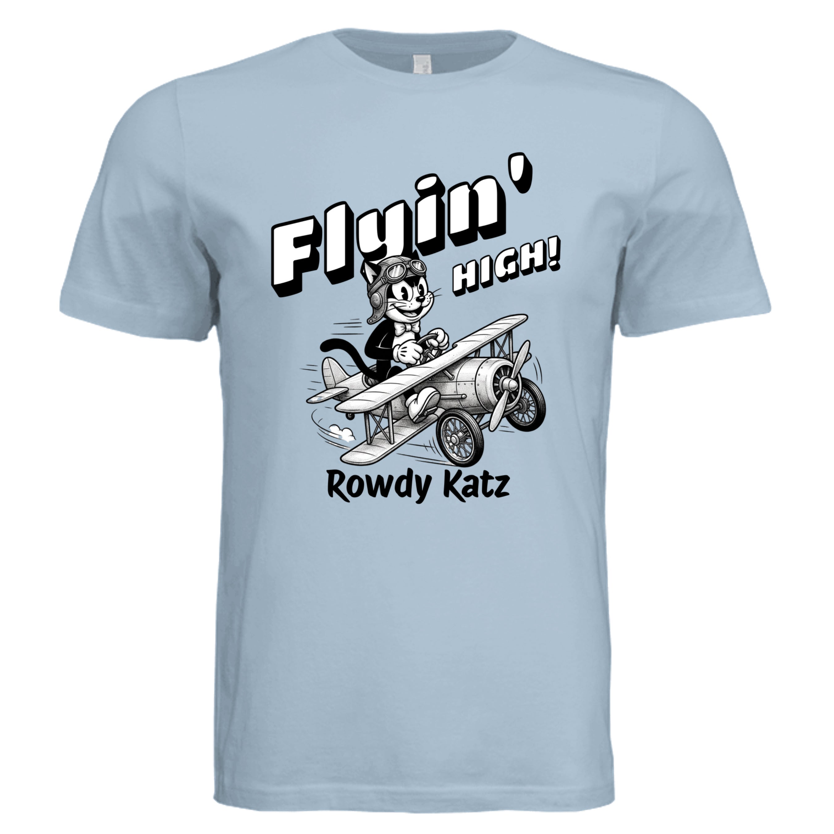 Rowdy Katz Flyin High funny cat pilot graphic tee in Li ght Blue— Stu Borncat Creations