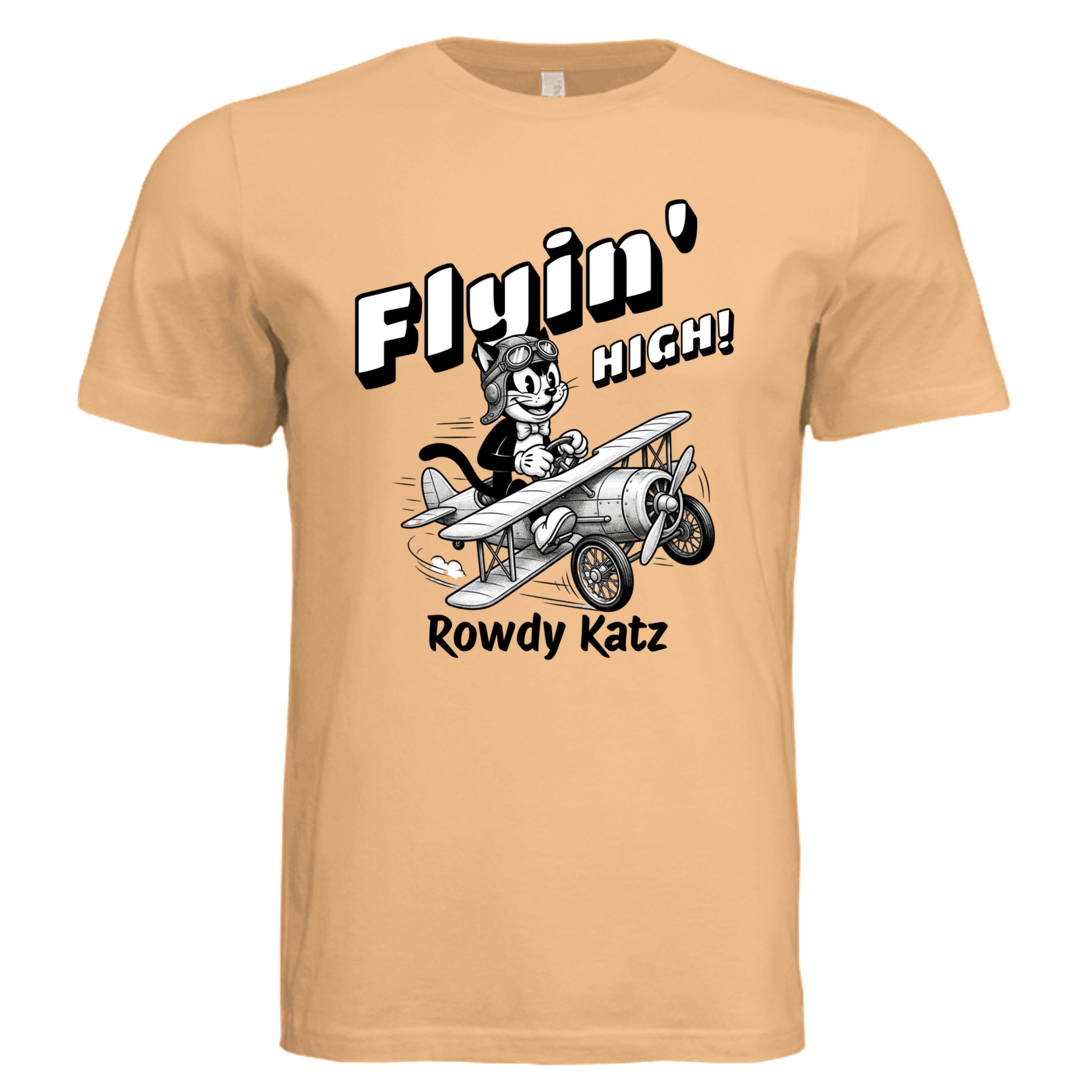 Rowdy Katz Flyin High funny cat pilot graphic tee in Peach — Stu Borncat Creations