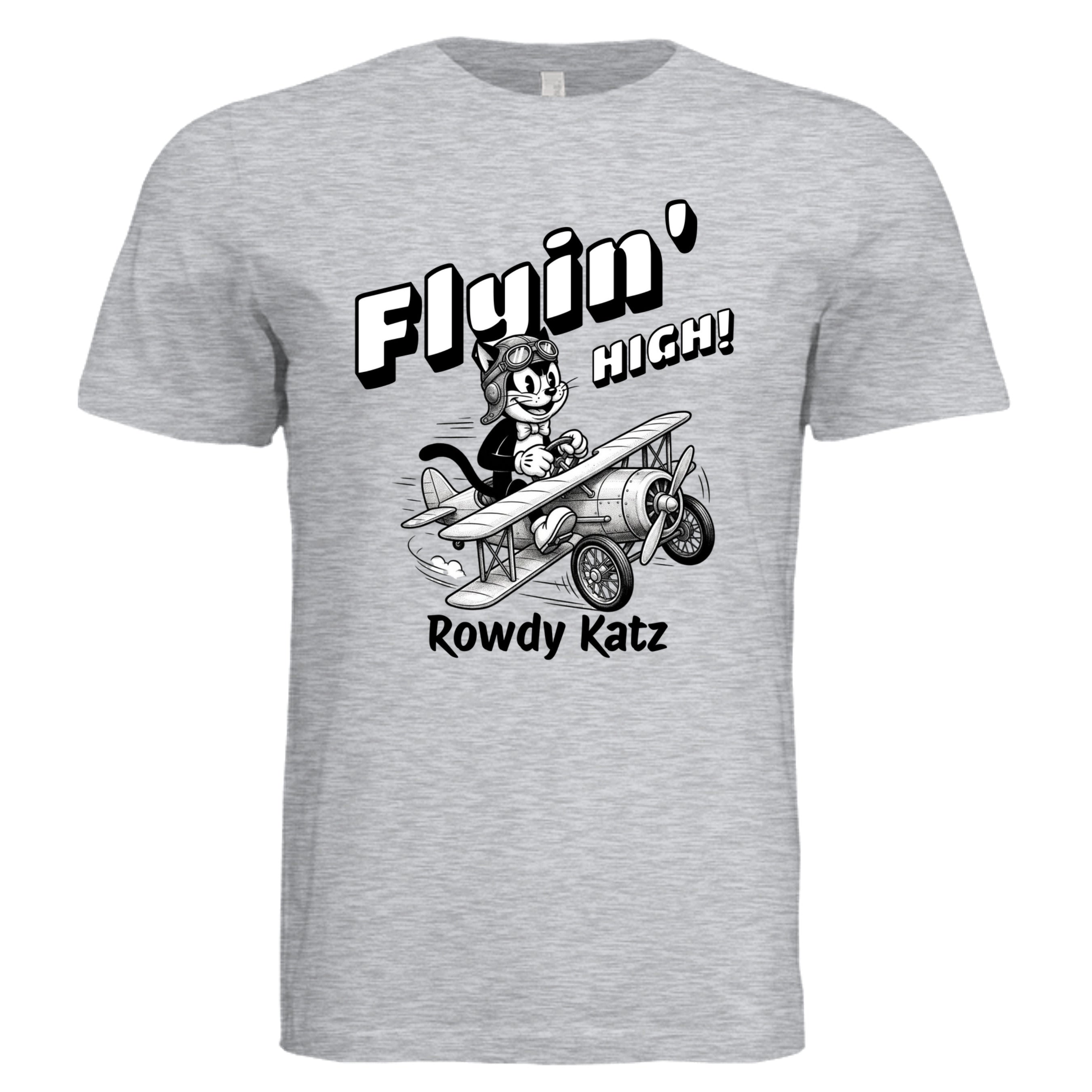 Rowdy Katz Flyin High funny cat pilot graphic tee in Ash Gray — Stu Borncat Creations