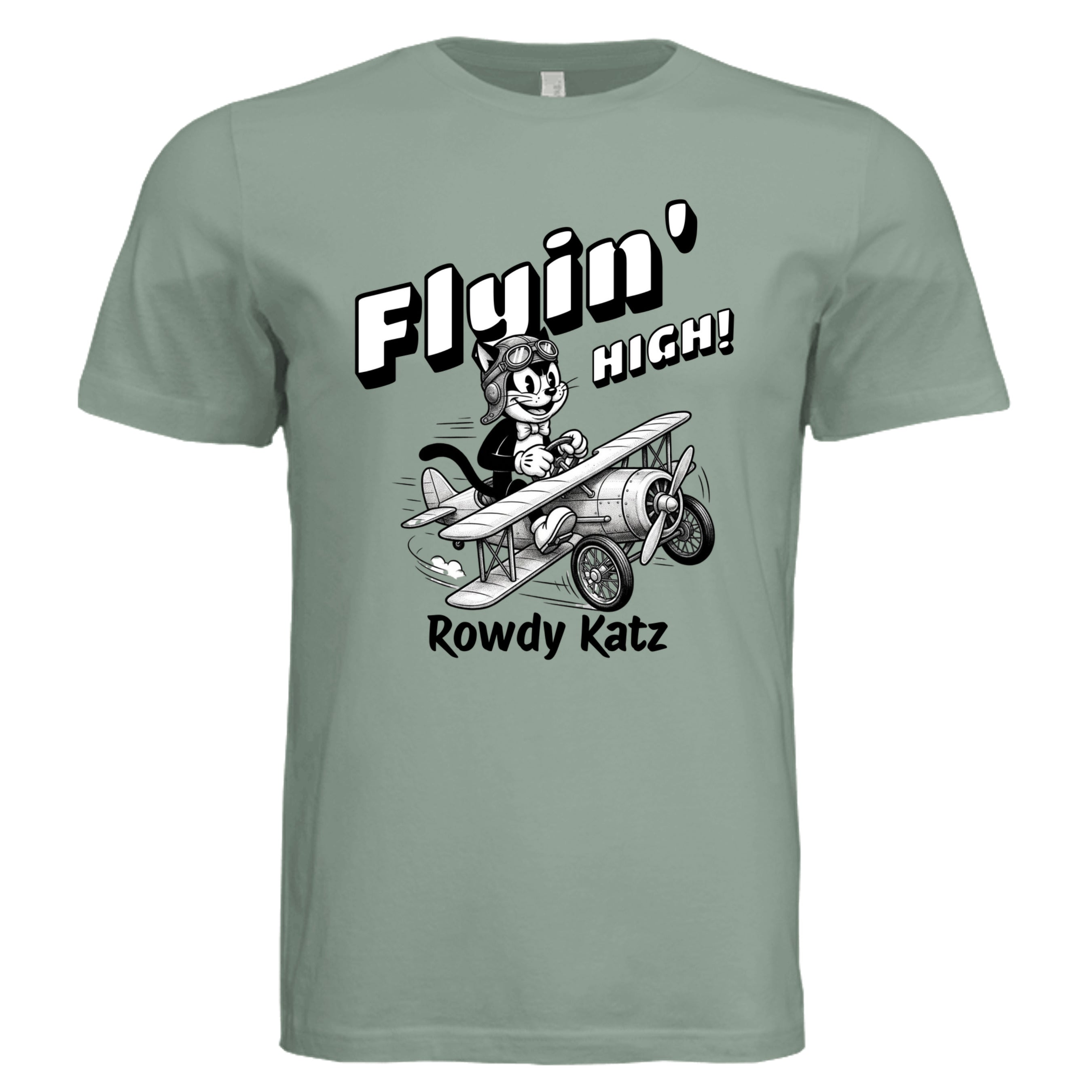 Rowdy Katz Flyin High funny cat pilot graphic tee in Sage Green — Stu Borncat Creations