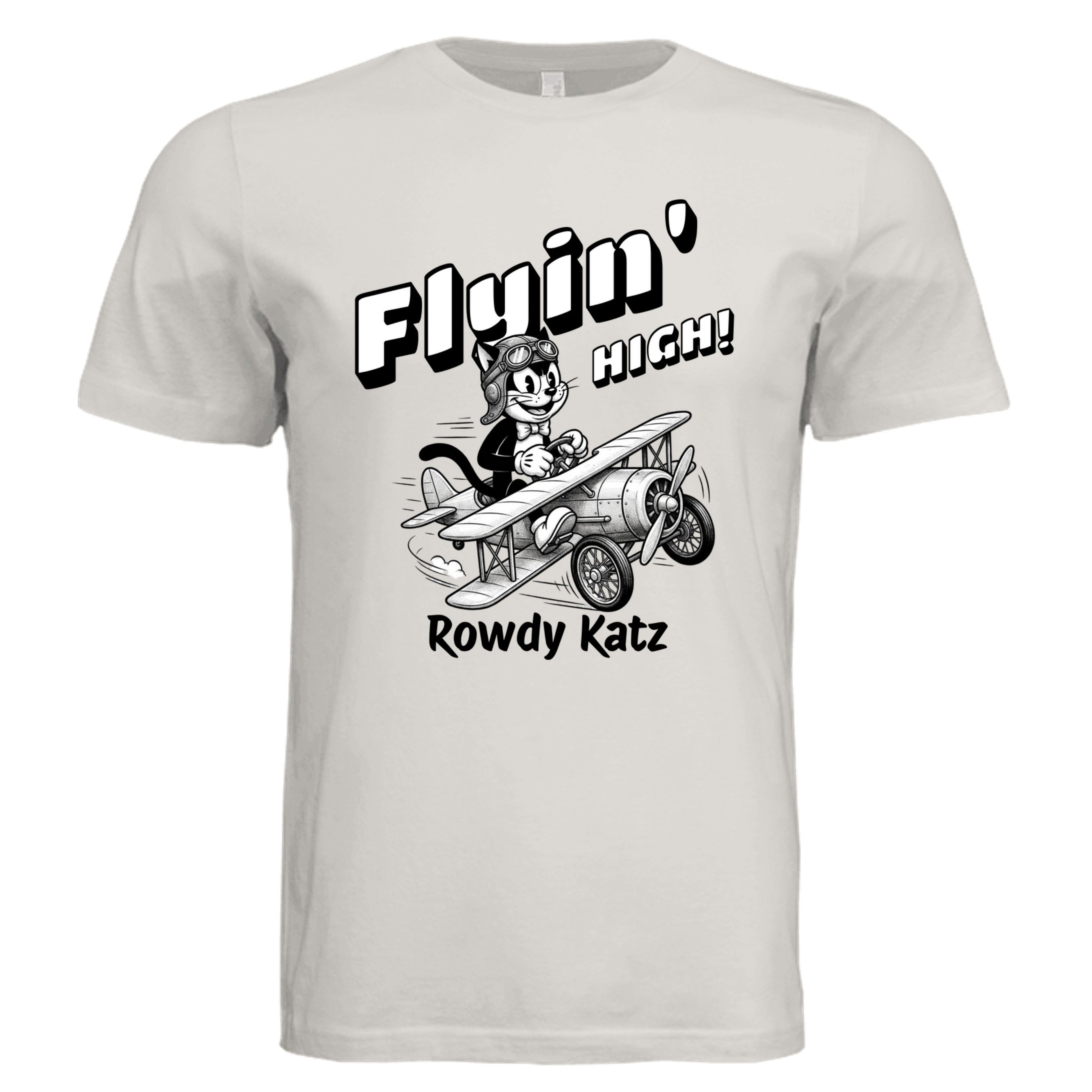 Rowdy Katz Flyin High funny cat pilot graphic tee in Vintage White — Stu Borncat Creations
