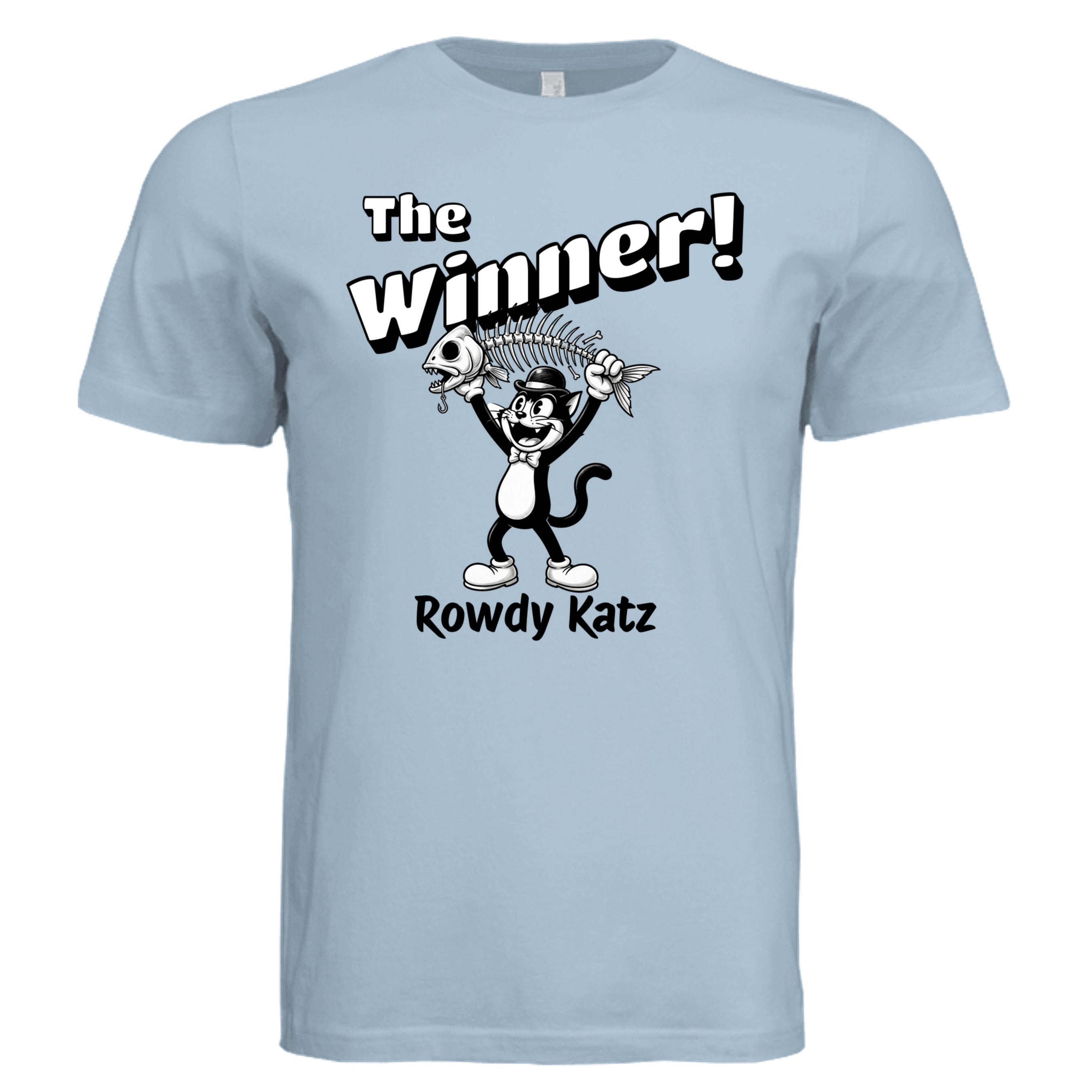 Rowdy Katz The Winner funny cat graphic tee in Light Blue — Stu Borncat Creations