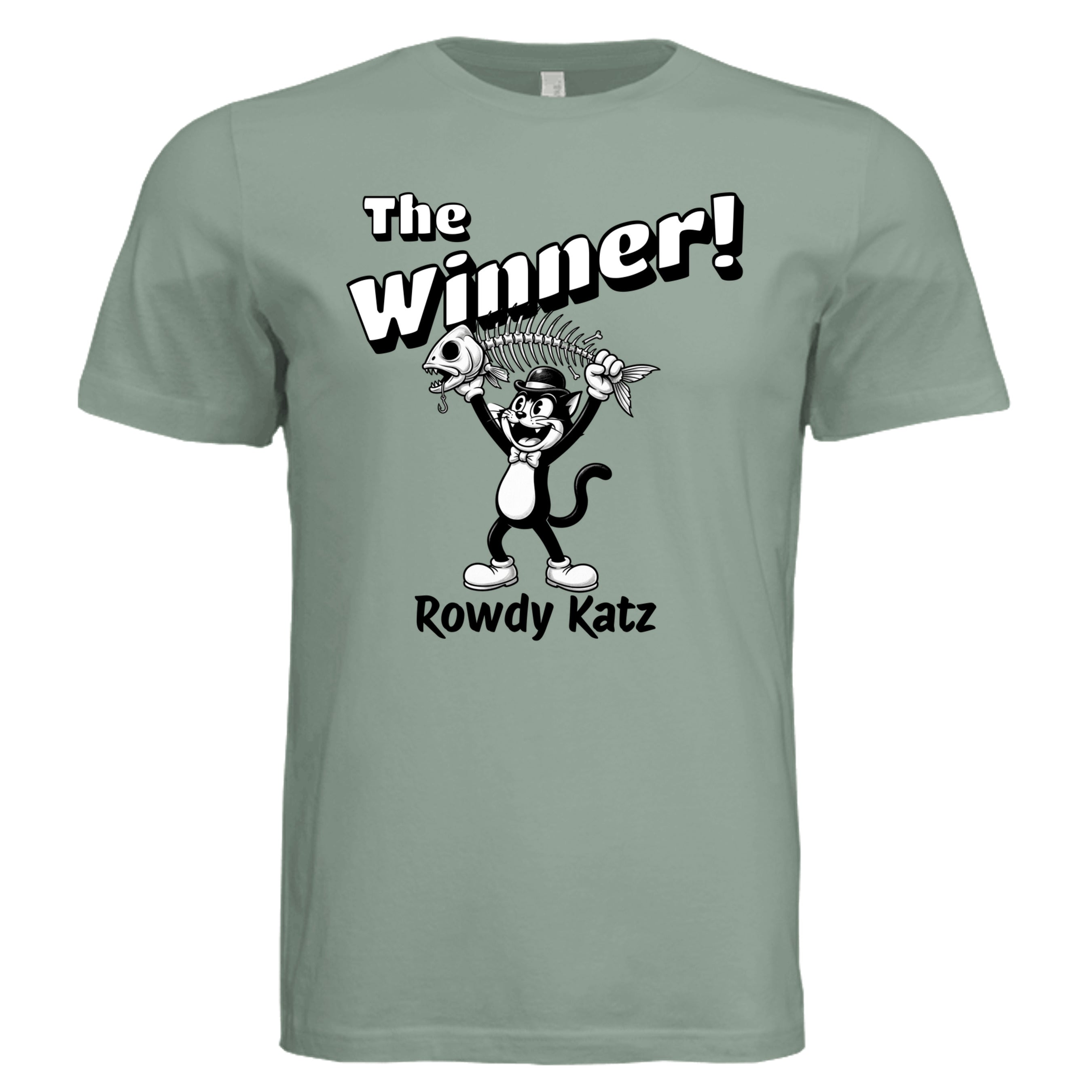 Rowdy Katz The Winner funny cat graphic tee in Sage — Stu Borncat Creations