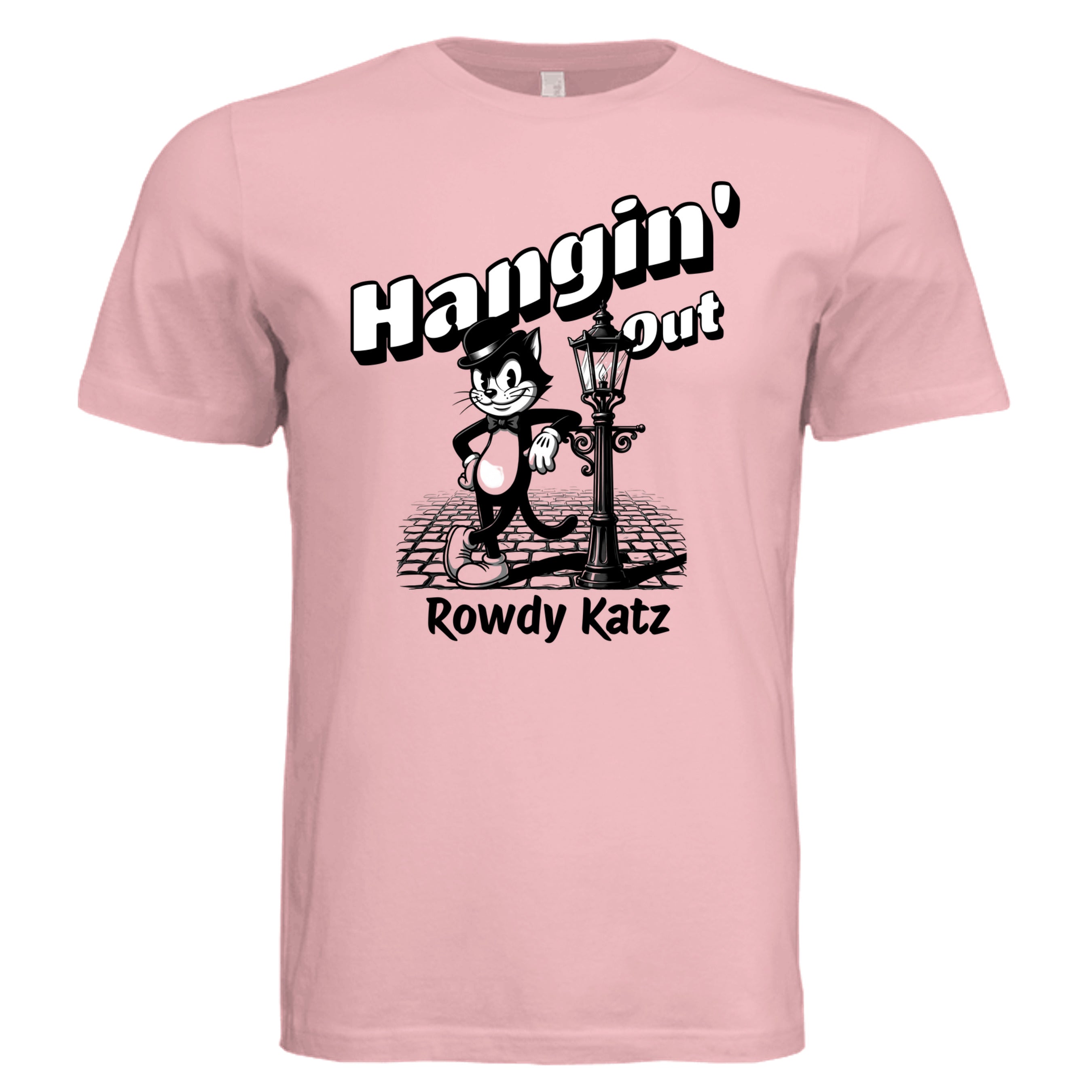Rowdy Katz Hangin Out retro cat graphic tee in Soft Pink — Stu Borncat Creations