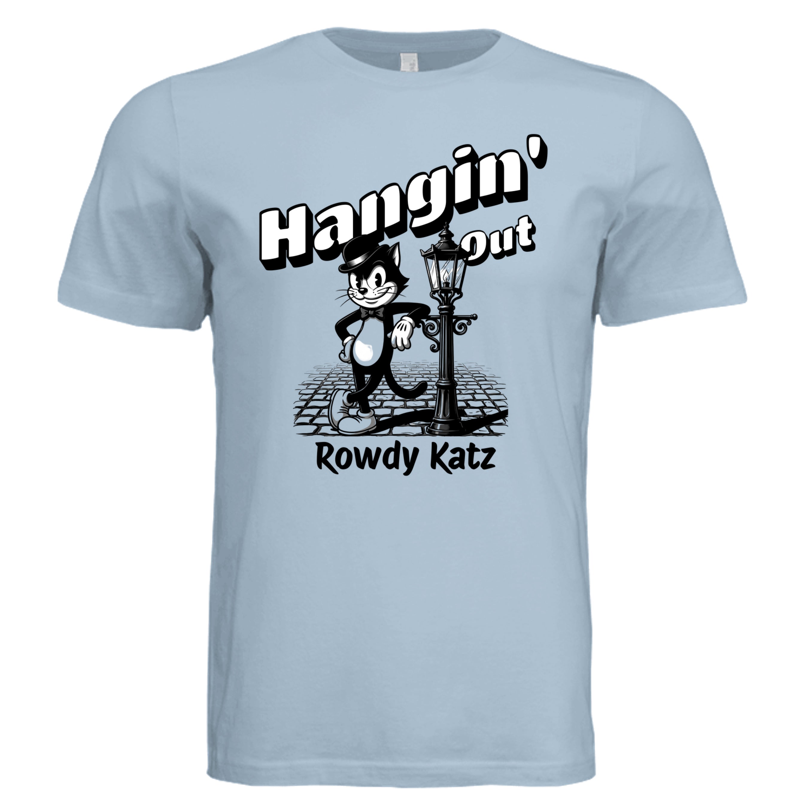 Rowdy Katz Hangin Out retro cat graphic tee in Light Blue— Stu Borncat Creations