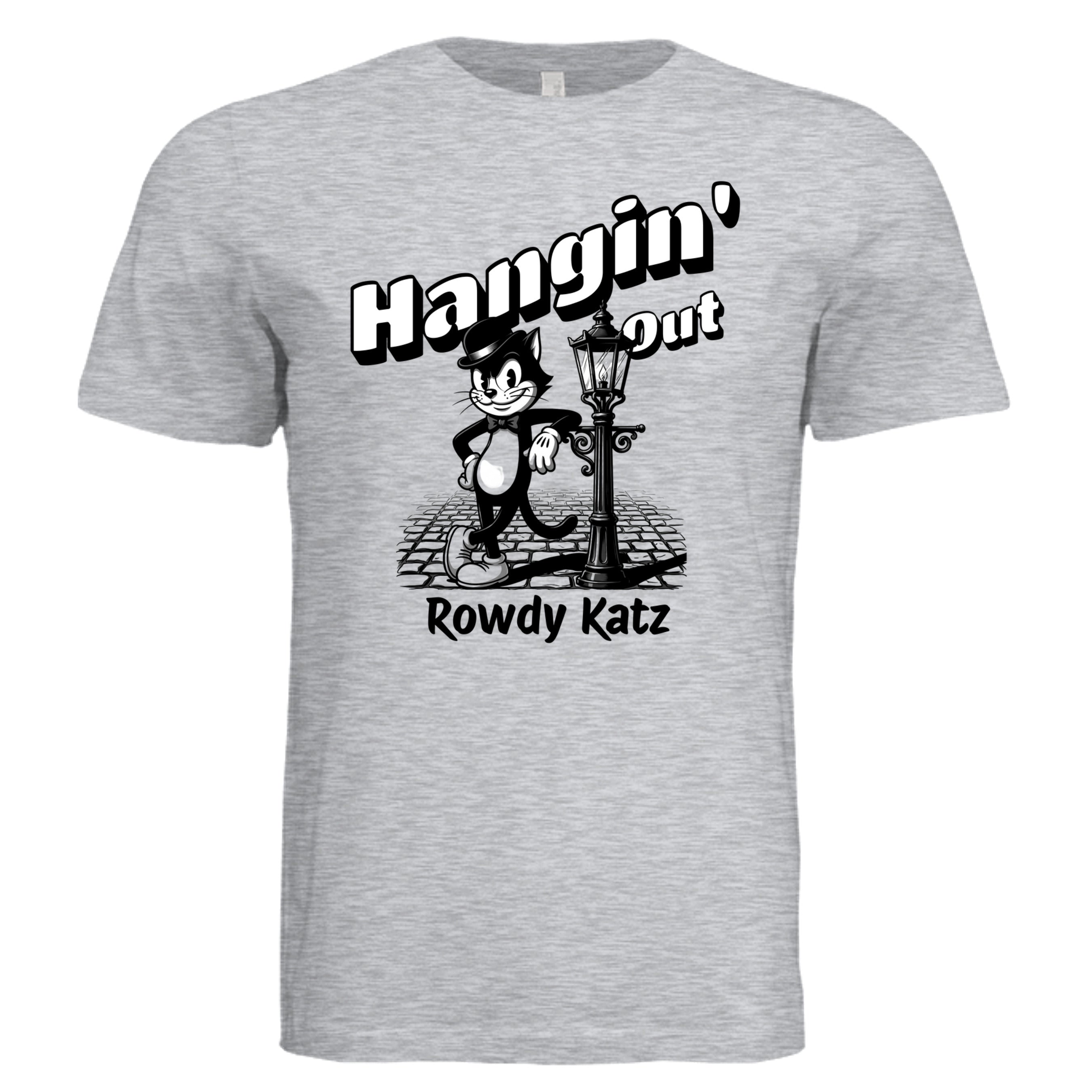 Rowdy Katz Hangin Out retro cat graphic tee in Ash — Stu Borncat Creations