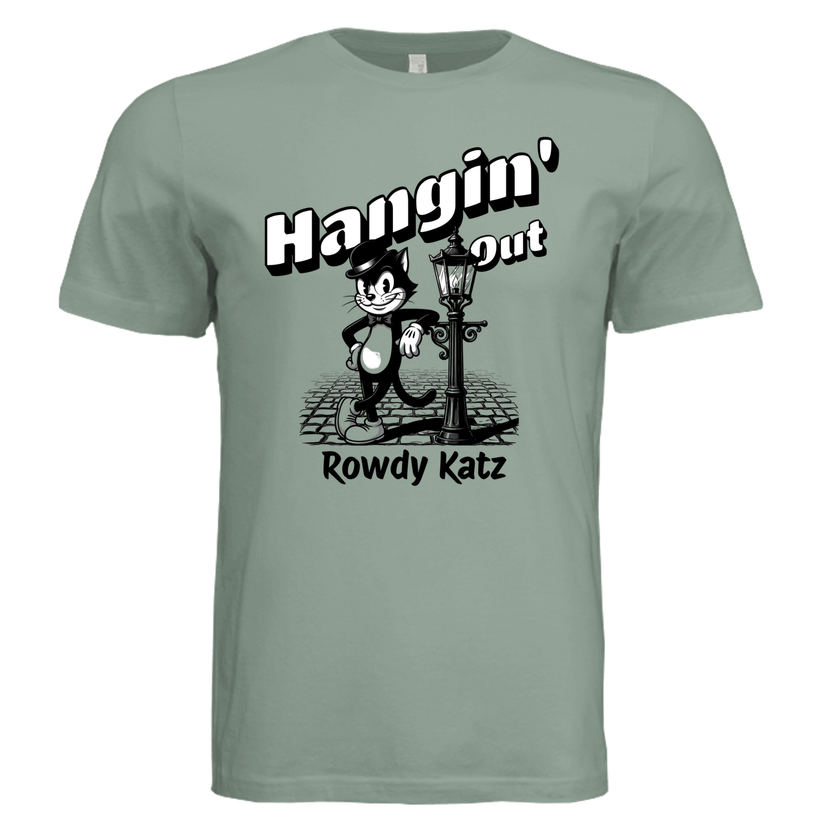 Rowdy Katz Hangin Out retro cat graphic tee in Sage — Stu Borncat Creations