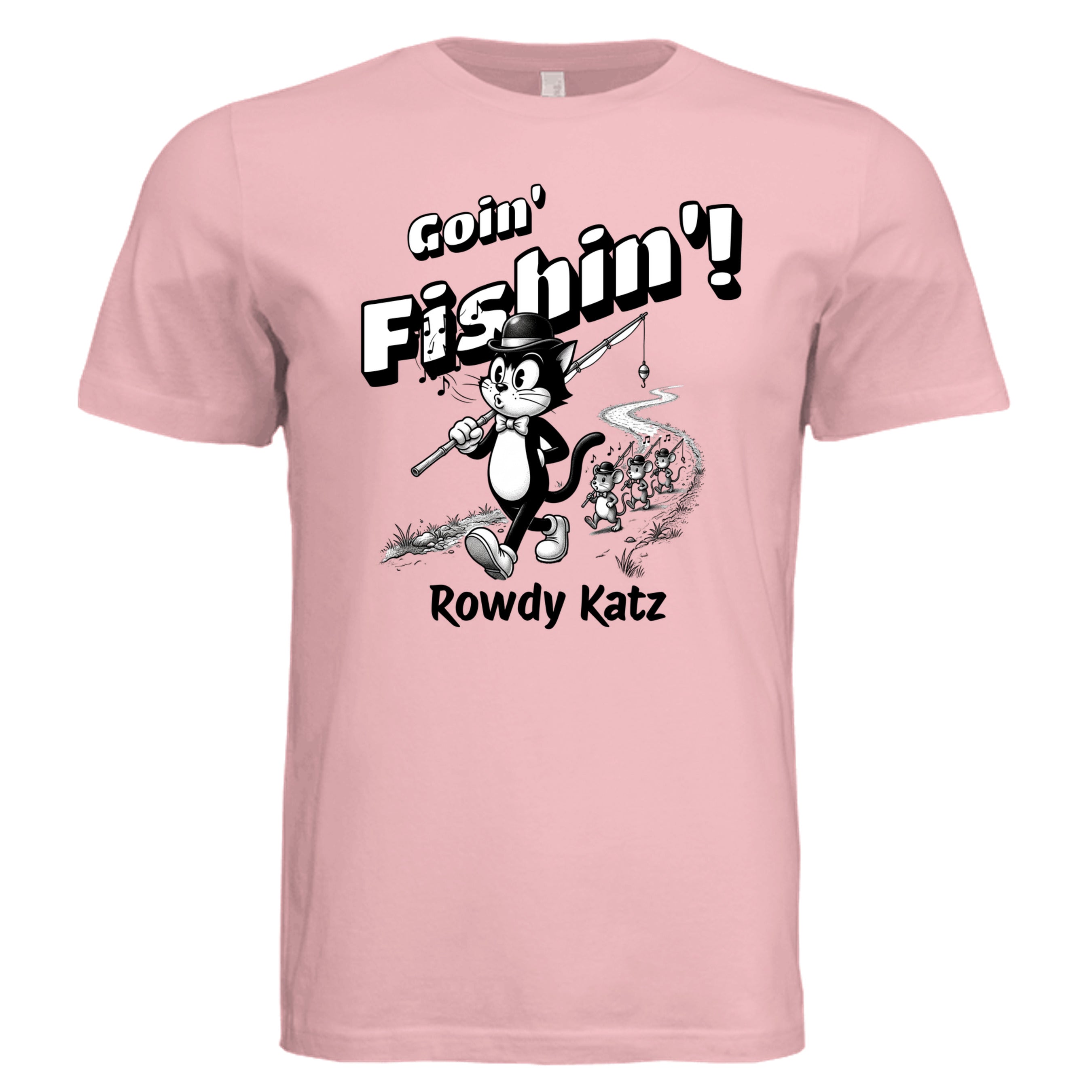 Rowdy Katz Goin Fishin funny cat fishing graphic tee in Soft Pink— Stu Borncat Creations